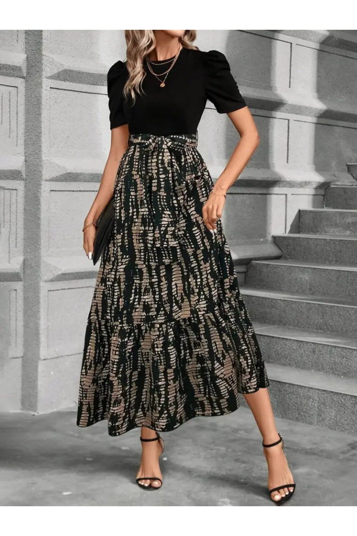 velmorafashion Kadın Kısa Kollu Bisiklet Yaka üst Ithal Krep Alt Süprem Maksi Boy Elbise