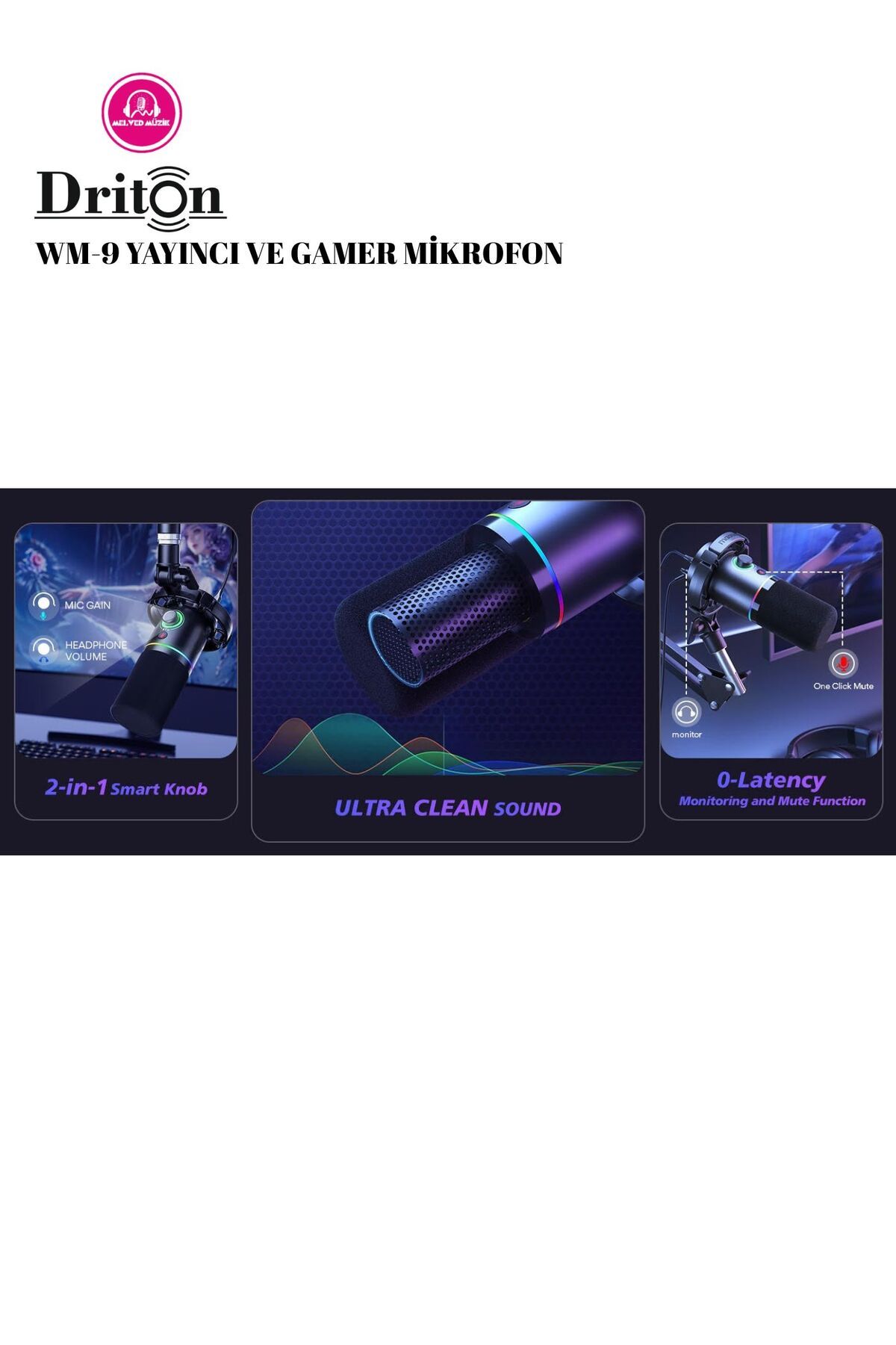 Driton Wm-9 Siyah Rgb Usb Oyuncu Yayıncı Ve Podcast Için Uyumlu Condenser Mikrofon - 3
