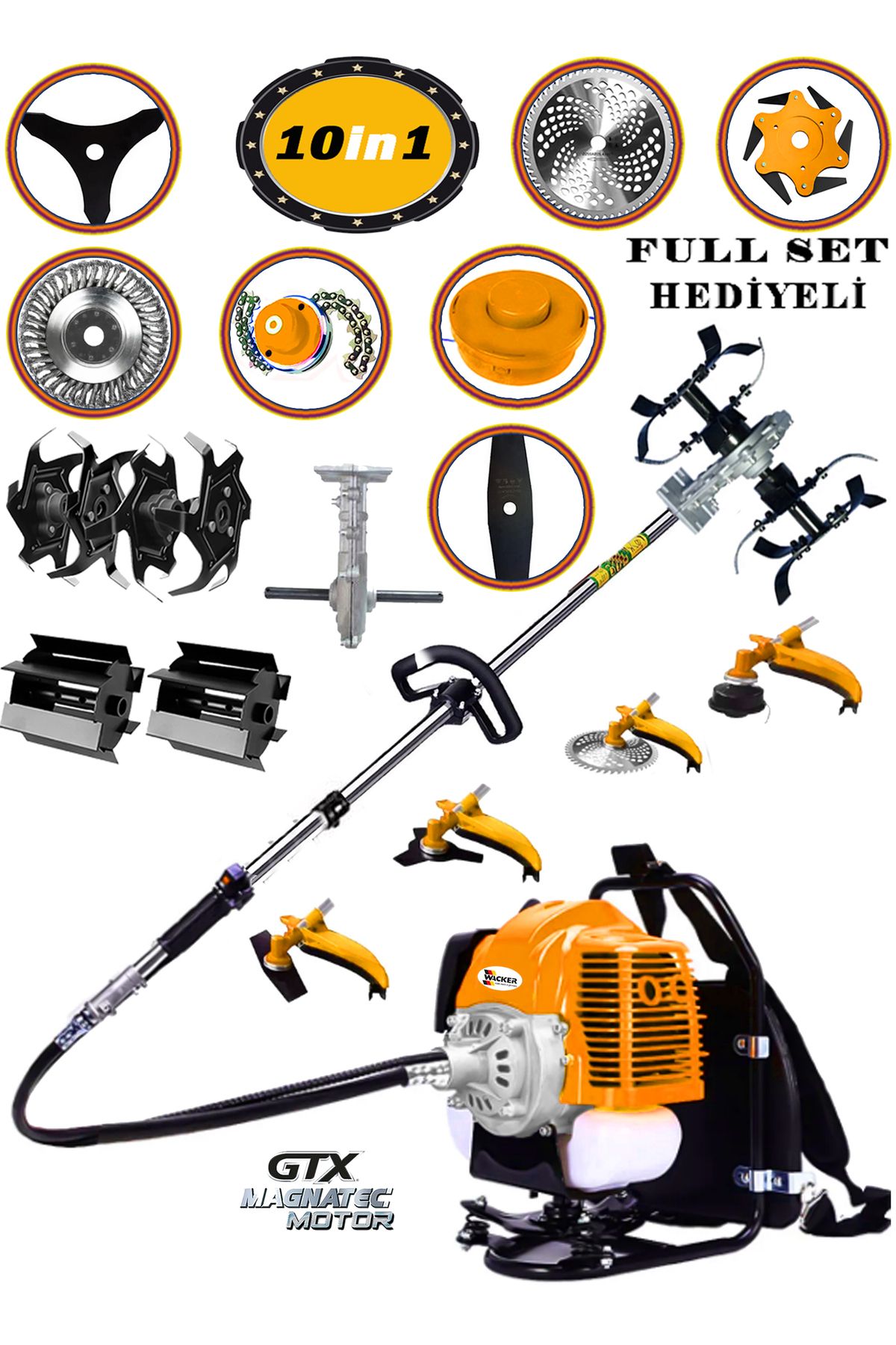 Wacker Pro German WR 498 10 İn 1 Sırt Tipi Ot Çim Biçme Tırpanı+Toprak Eşeleme+Akrobat Çapa Aparatı Çelik Fırça