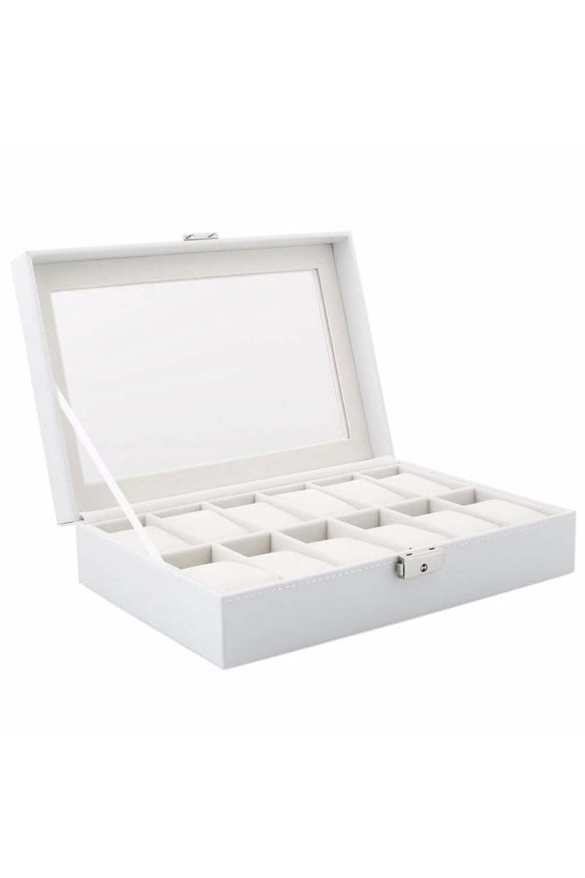 PUFO-Elegant storage box with compartments for 12 watches, Pufo Premium model with key, white 1