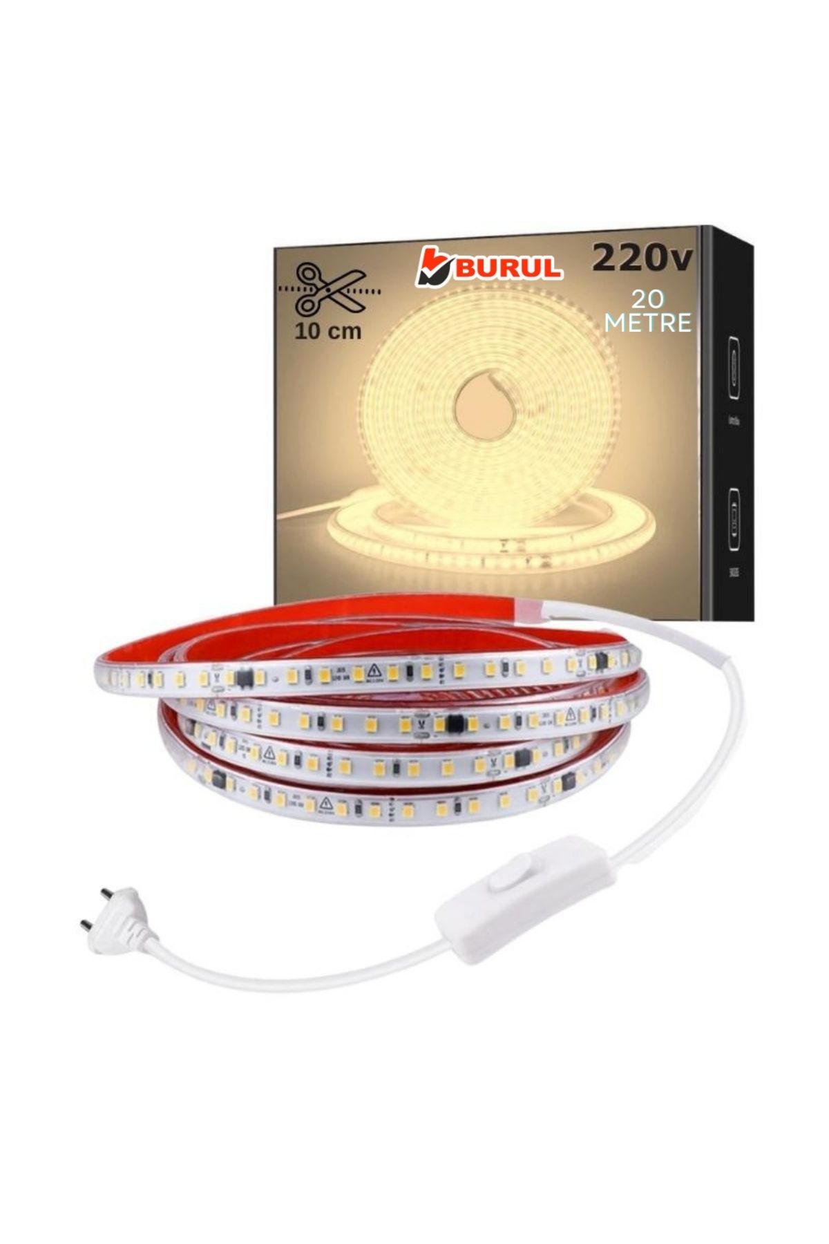 burul Sb-6508 20 Metre Gün Işığı Yapışkanlı Silikonlu Yüksek Lümen Şerit Led Işık Fişli Aydınlatma