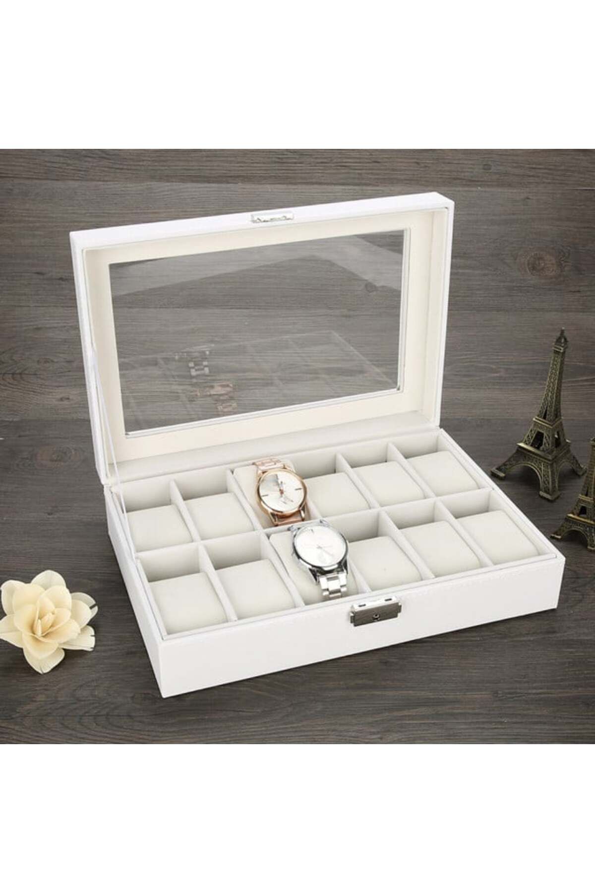 PUFO-Elegant storage box with compartments for 12 watches, Pufo Premium model with key, white 7