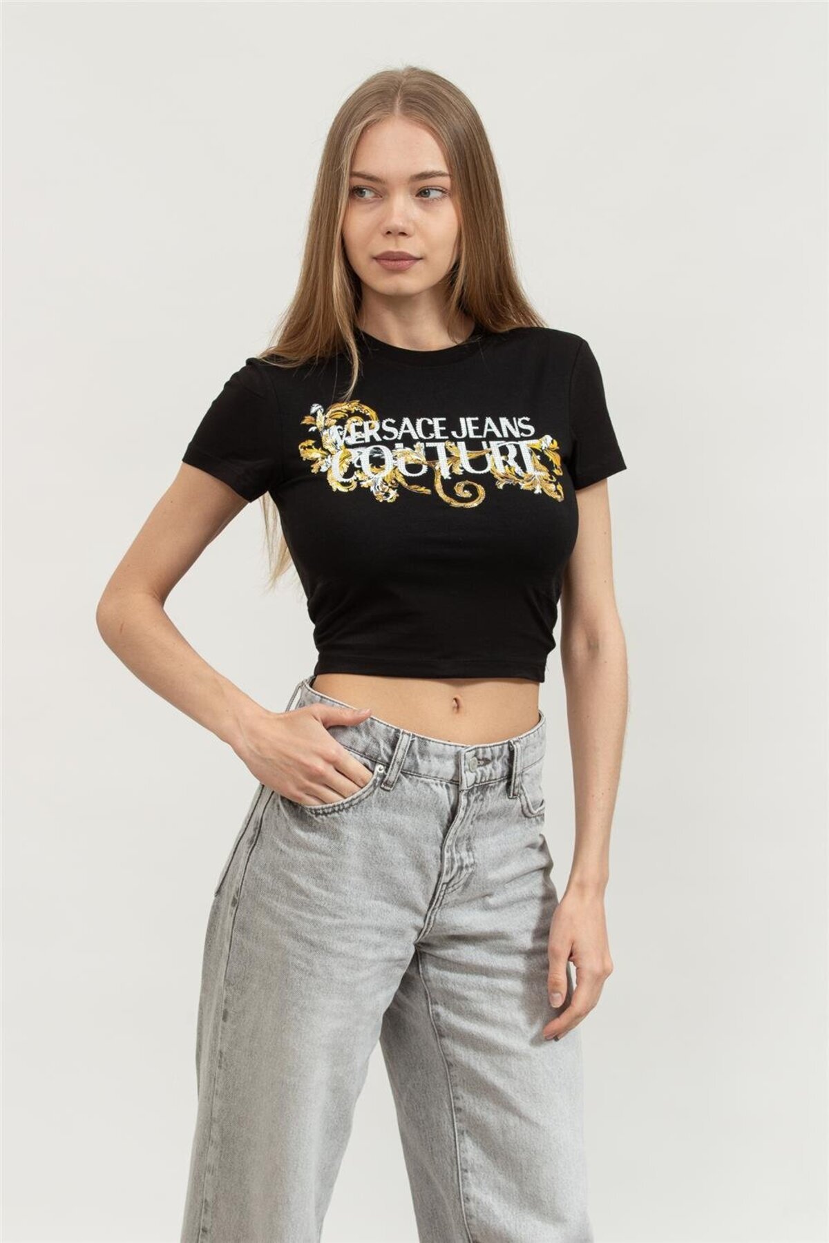 VERSACE JEANS COUTURE Kadın Bisiklet Yaka T-Shirt Siyah - Fiyatı