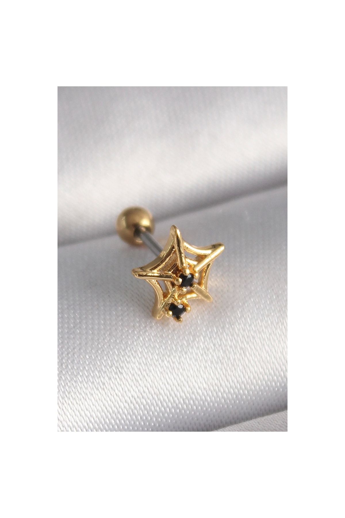 Marsilyan 316L Çelik Gold Renk Siyah Zirkon Taş Detay Örümcek Ağ Model Tragus Piercing - TJ-PR1292