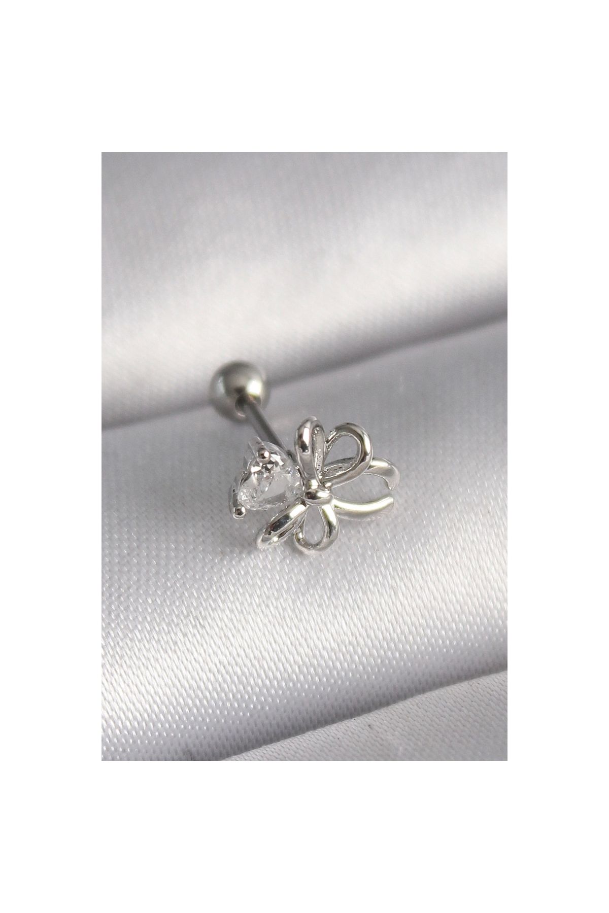 Marsilyan 316L Çelik Gümüş Renk Zirkon Taş Detay Kurdele Model Tragus Piercing - TJ-PR1289