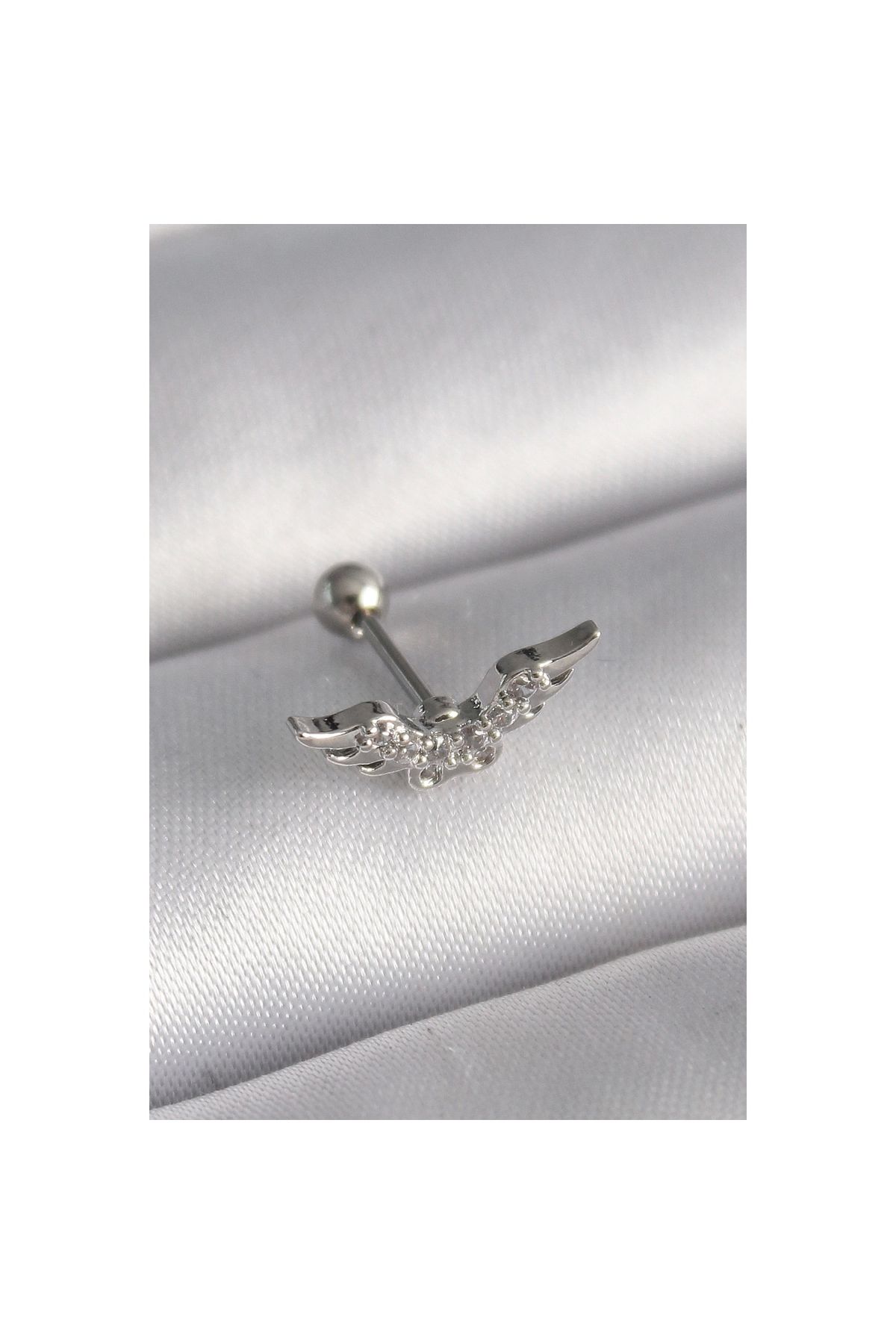 Marsilyan 316L Çelik Gümüş Renk Zirkon Taş Detay Kanat Model Tragus Piercing - TJ-PR1291