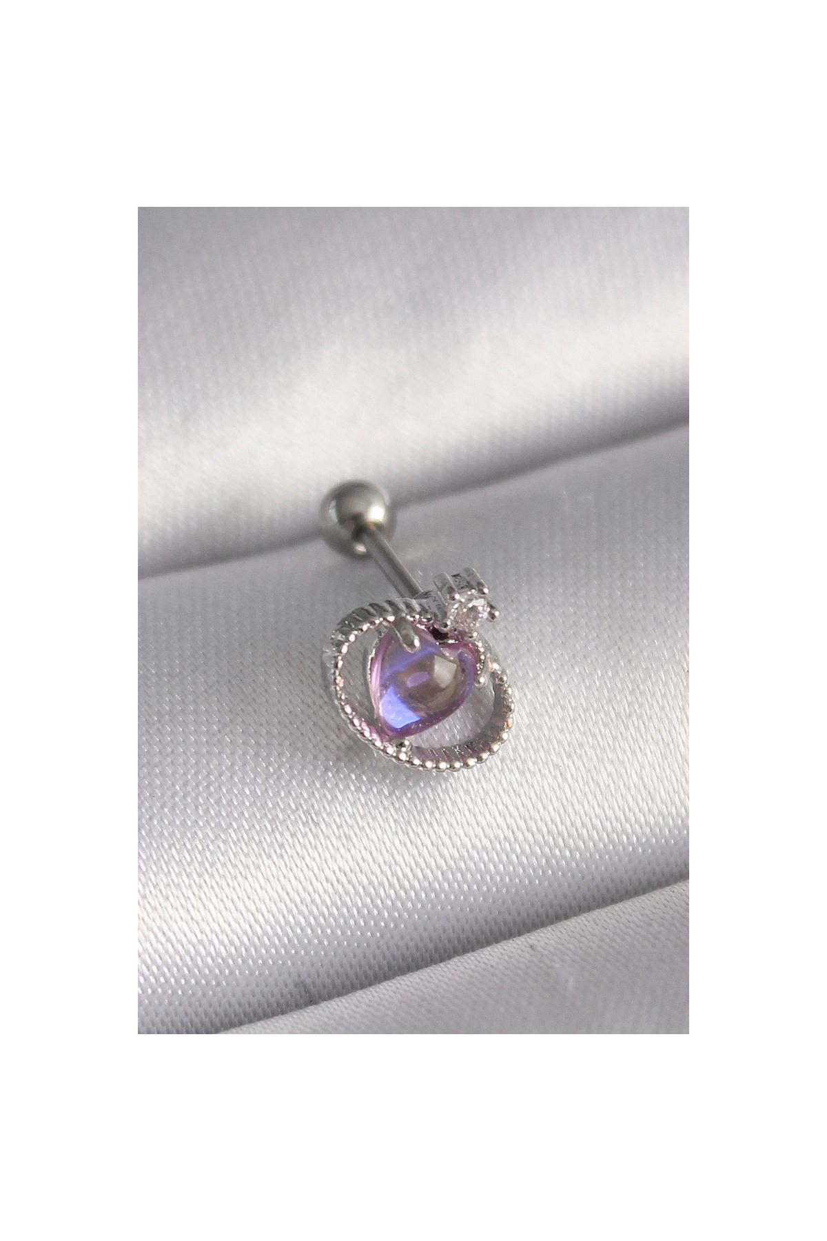 Marsilyan 316L Çelik Gümüş Renk Mor Mineli Kalp Zirkon Taş Detay Tragus Piercing - TJ-PR1273