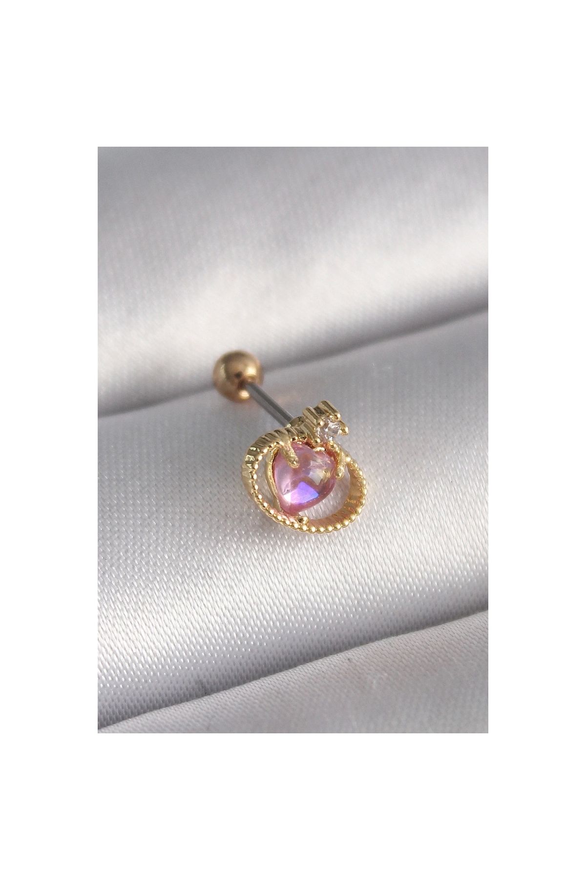 Marsilyan 316L Çelik Gold Renk Pembe Mineli Kalp Zirkon Taş Detay Tragus Piercing - TJ-PR1272