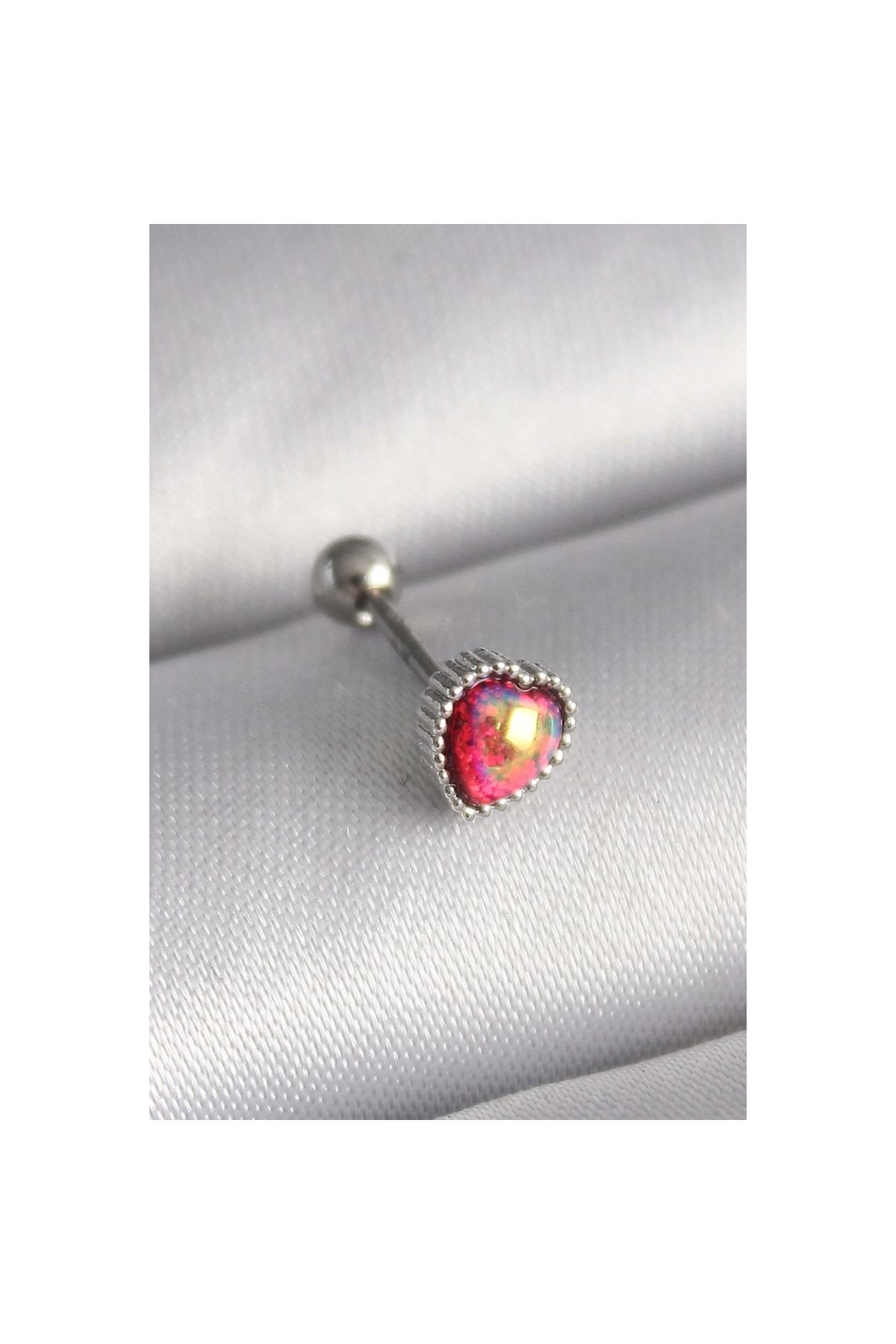 Marsilyan 316L Çelik Gümüş Renk Kırmızı Mineli Kalp Tragus Piercing - TJ-PR1267