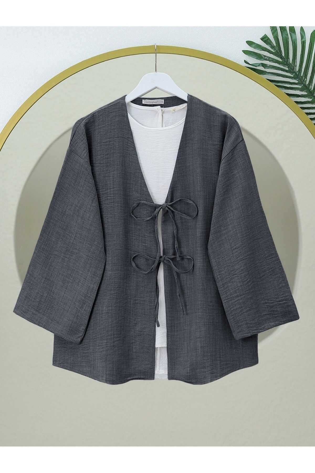 Modamorfo Önü Bağcıklı Keten Kimono -Antrasit