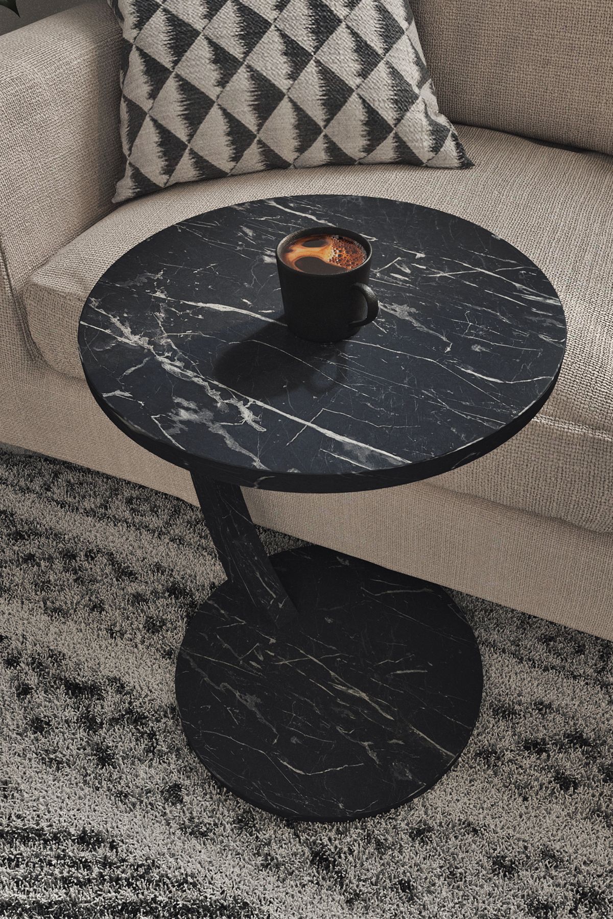 interGO-C-shaped Round End Table With Rolling Wheels - Black Marble 3
