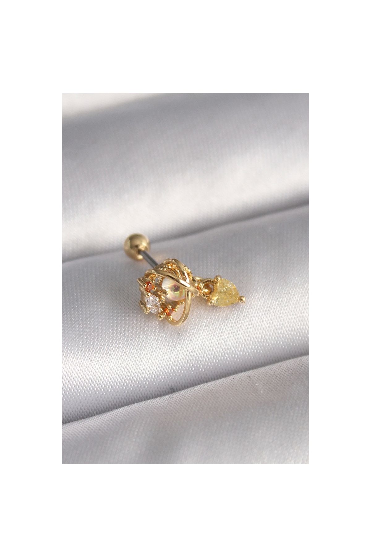 Marsilyan 316L Çelik Gold Renk Zirkon Taşlı Sallantı Kalp Detay Tragus Piercing - TJ-PR1360