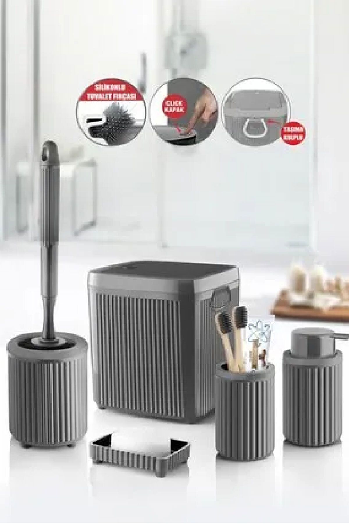 SİHİRLİ AYAKLAR 5 Parça Banyo Set Çöp Kovası WC Fırçası Sıvı Sabunluk Diş Fırçalık Katı Sabunluk Gri veya Kahverengi