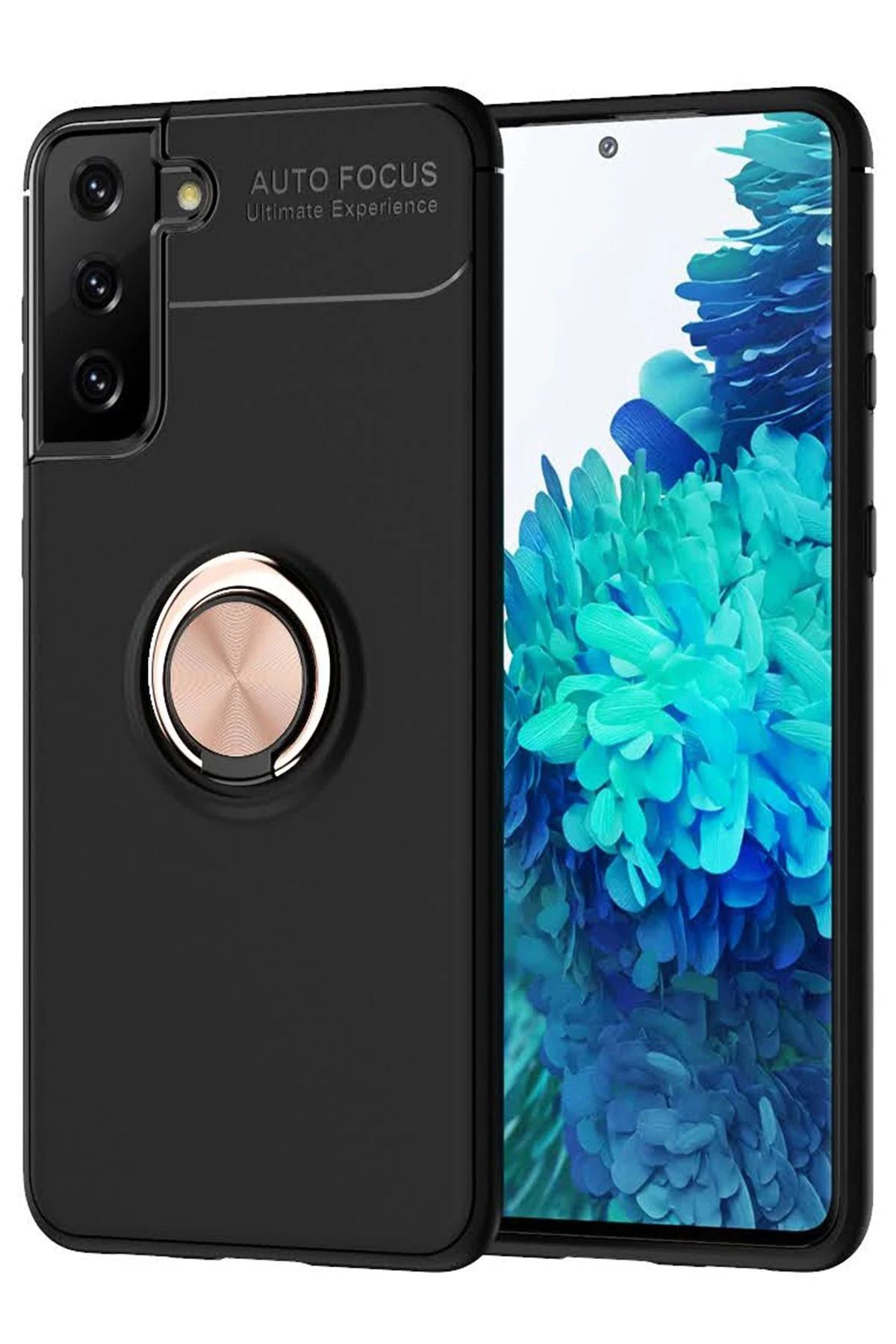 NewFace Samsung Galaxy S21 Plus Kılıf Range Yüzüklü Silikon - Siyah-Gold HNZRN