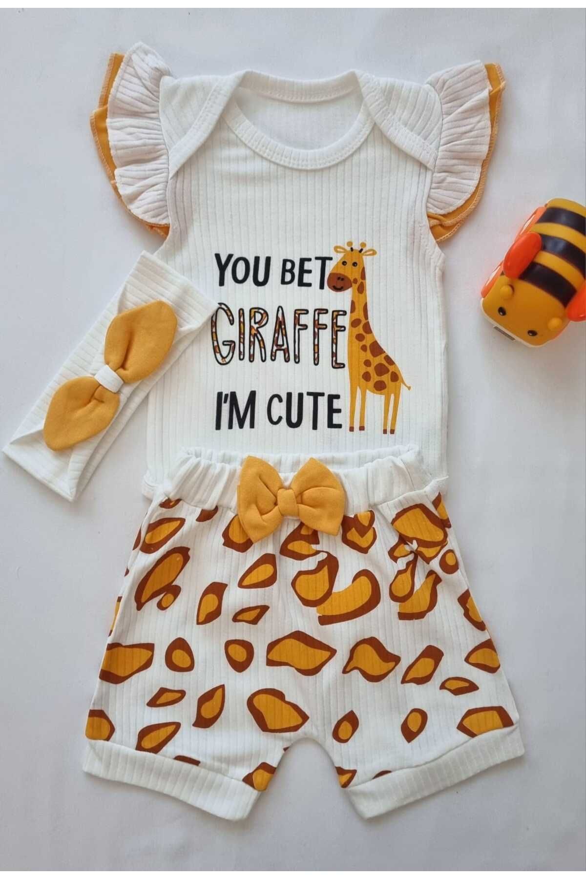 BABYSHMER Zürafa Baskılı 3'lü Kız Bebek Takım
