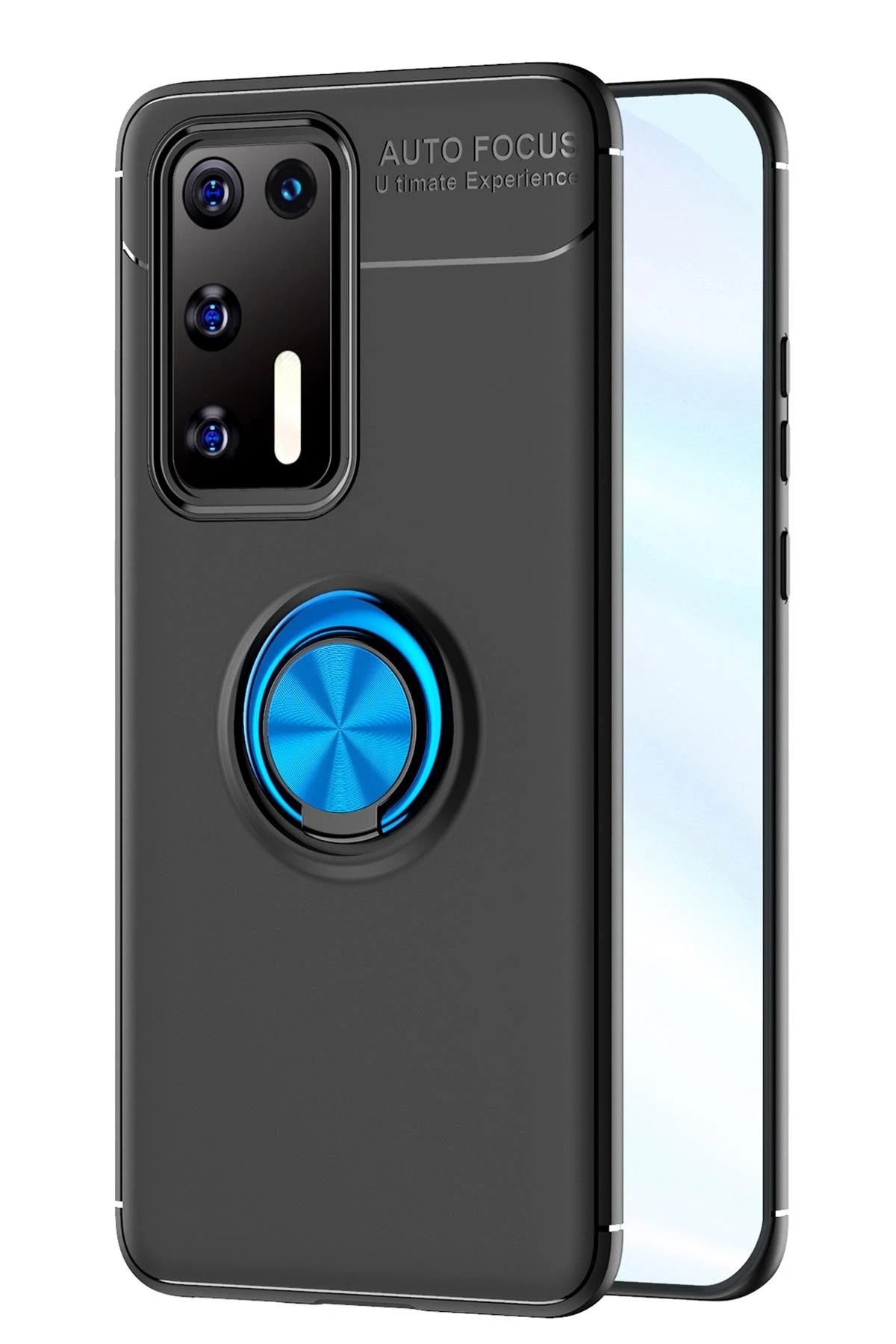 NewFace Huawei P40 Kılıf Range Yüzüklü Silikon - Siyah-Mavi HNZRN