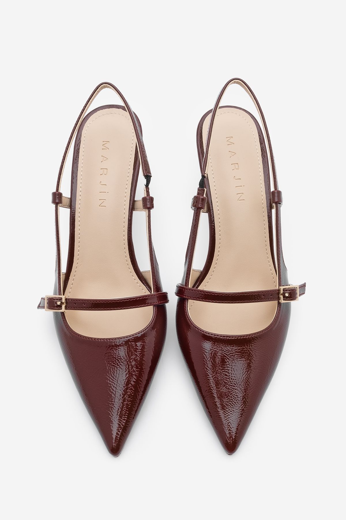 Marjin-Burgundowe lakierowane buty damskie na obcasie typu stiletto z szpiczastym noskiem i paskiem 5