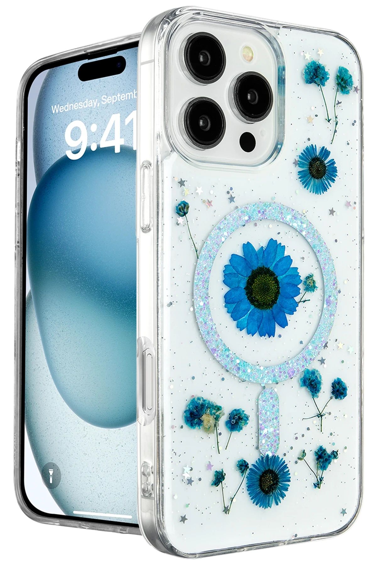NewFace iPhone 16 Pro Max Kılıf Daisy Simli Magsafe Kapak - Mavi YNSMR