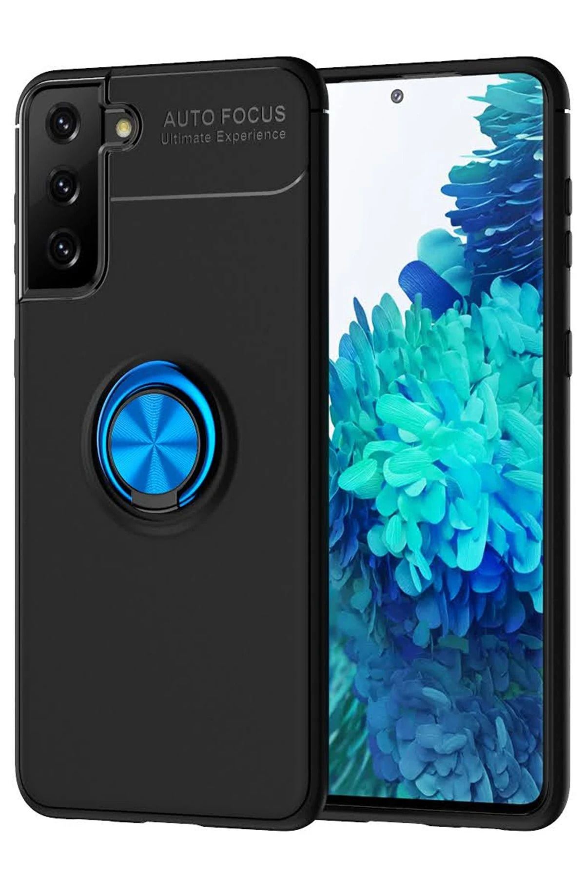 NewFace Samsung Galaxy S21 Plus Kılıf Range Yüzüklü Silikon - Siyah-Mavi DPMAH