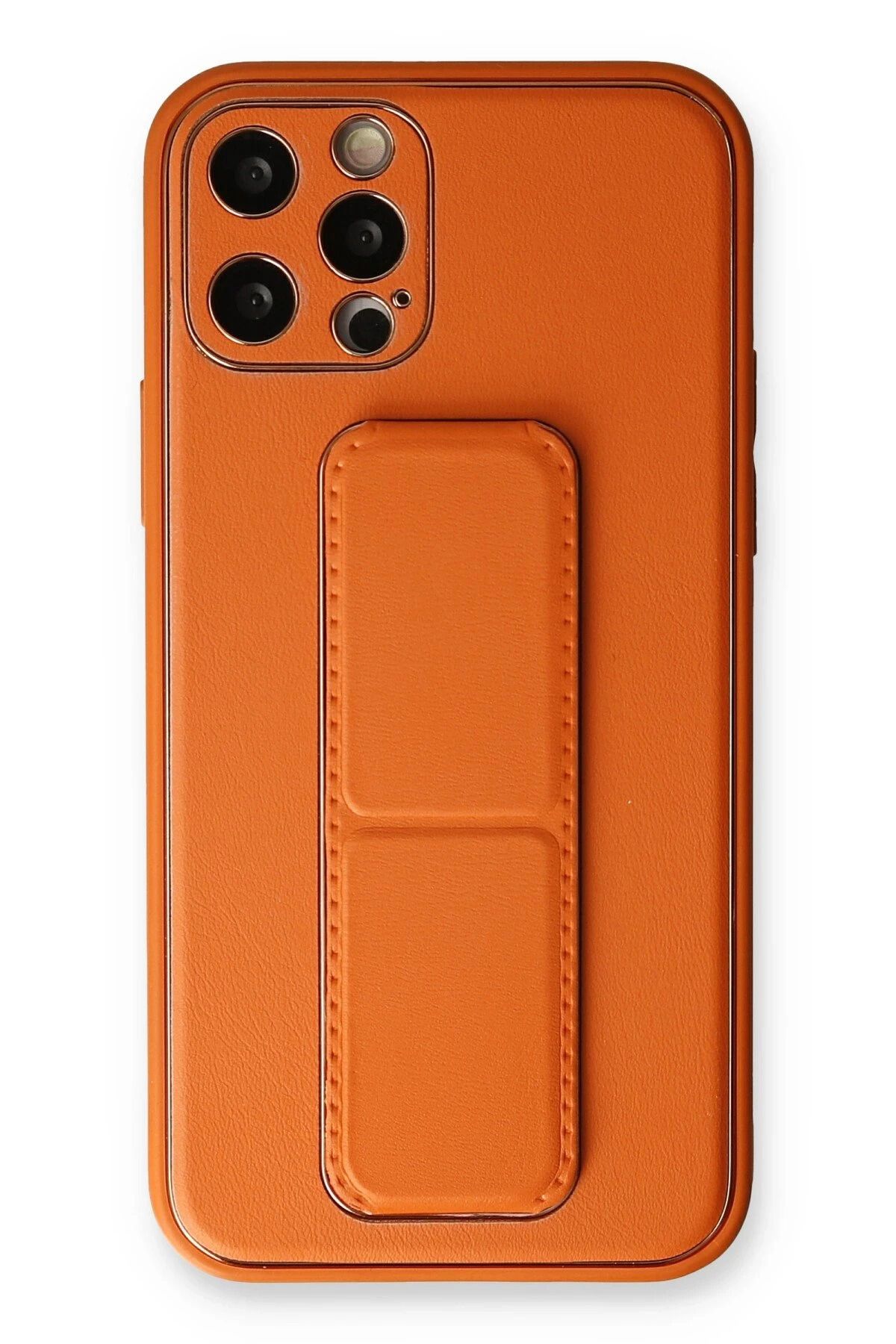 NewFace iPhone 12 Pro Kılıf Coco Deri Standlı Kapak - Turuncu YNSMR