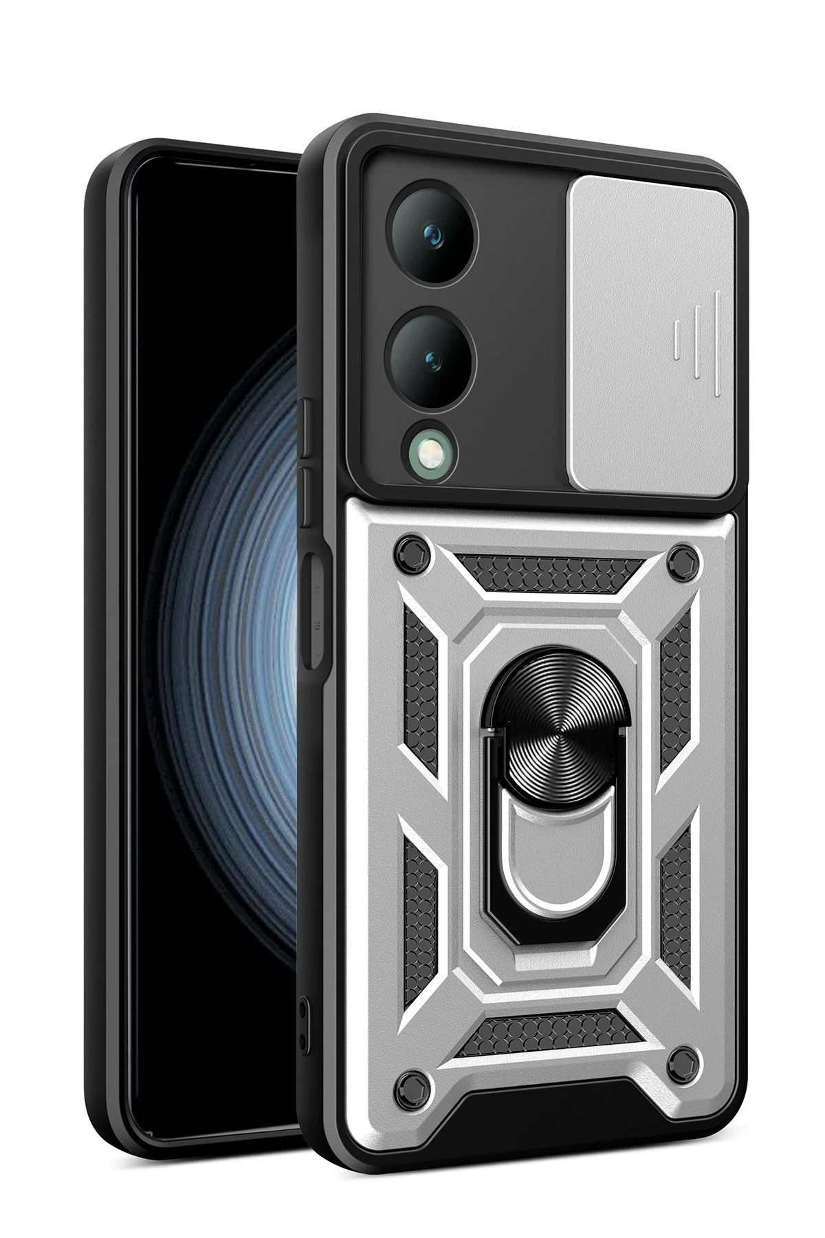 NewFace Vivo Y17S Kılıf Pars Lens Yüzüklü Silikon - Gümüş JOJUA