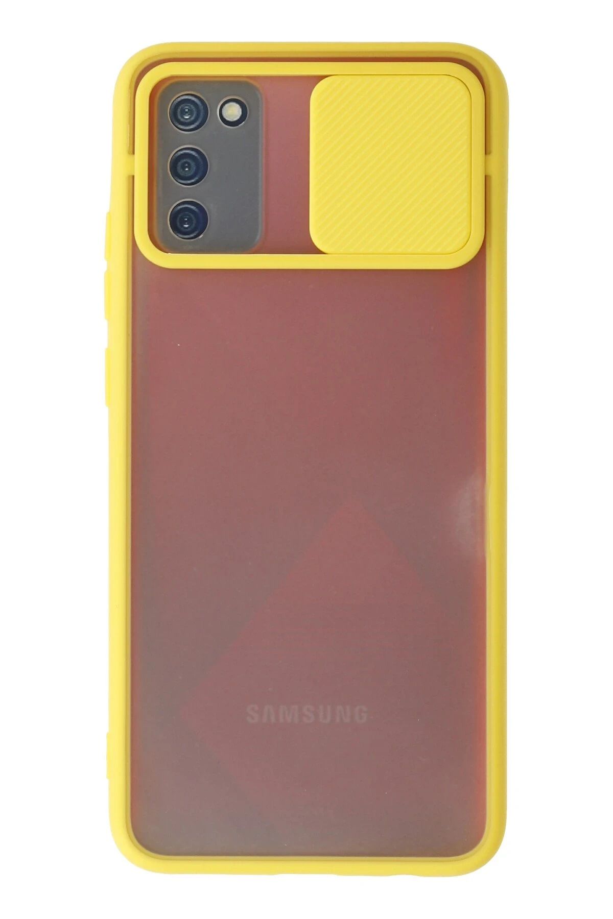 NewFace Samsung Galaxy A02S Kılıf Palm Buzlu Kamera Sürgülü Silikon - Sarı JOJUA