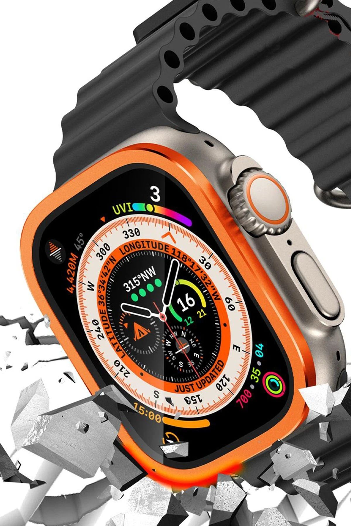 NewFace Apple Watch Ultra 49mm Alüminyum Kasa Cam Ekran Koruyucu - Turuncu INSLM