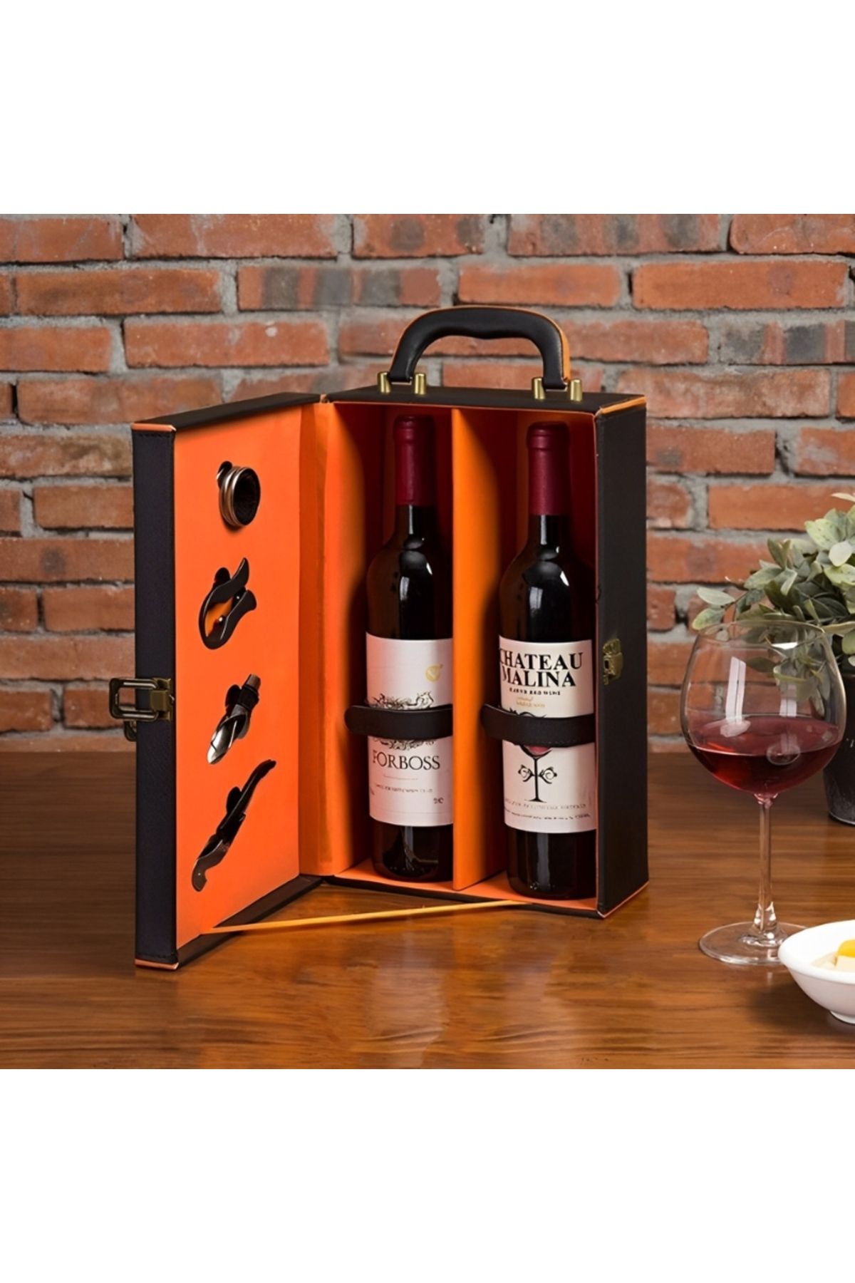 OEM-Deluxe Wine Box Set, Mindblower, for 2 bottles, with wine accessories included, orange interior 9