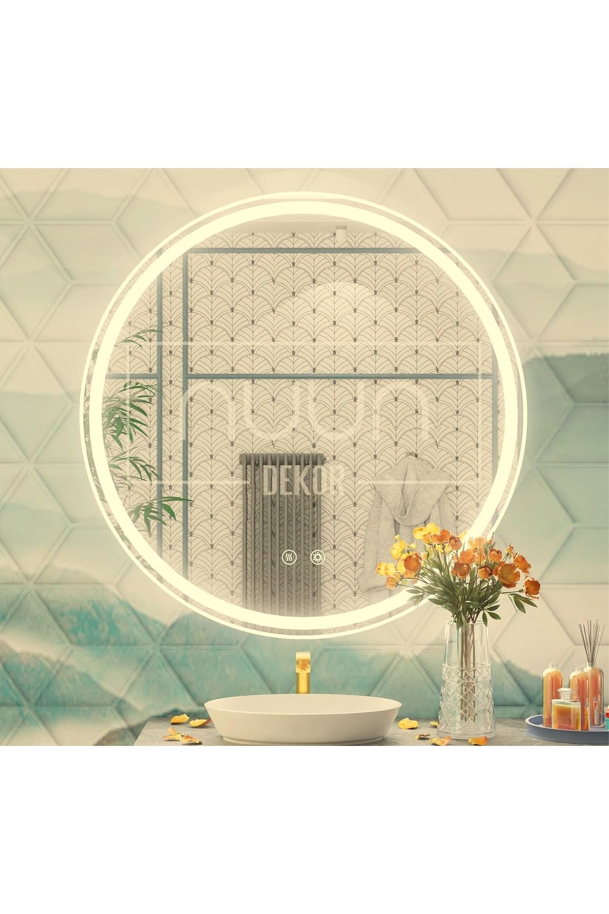 NUUN DEKOR 90cm Gün ışığı Led'li Yuvarlak Akıllı Banyo Aynası | Buğu Çözücülü, Kumlamalı, Hafızalı Dimmerli