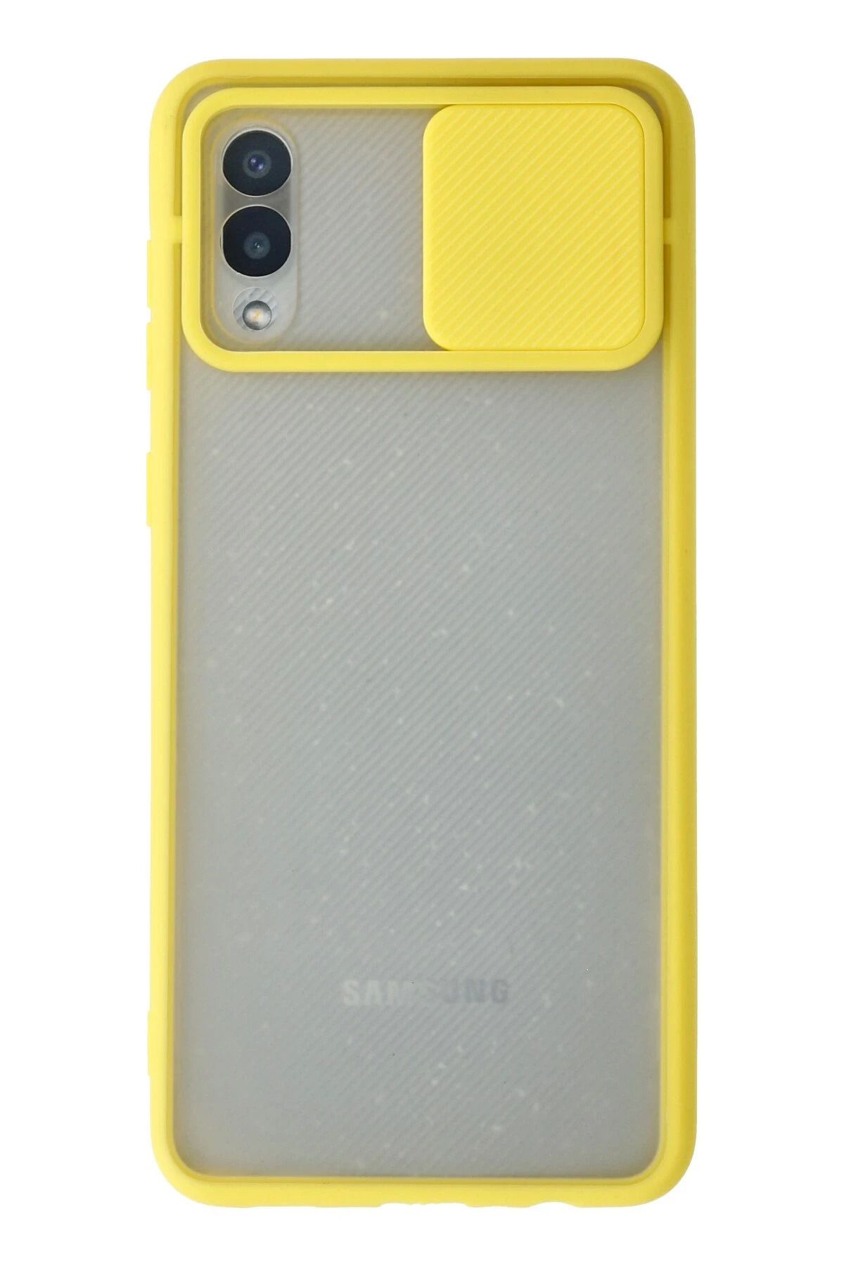 NewFace Samsung Galaxy A02 Kılıf Palm Buzlu Kamera Sürgülü Silikon - Sarı INSLM