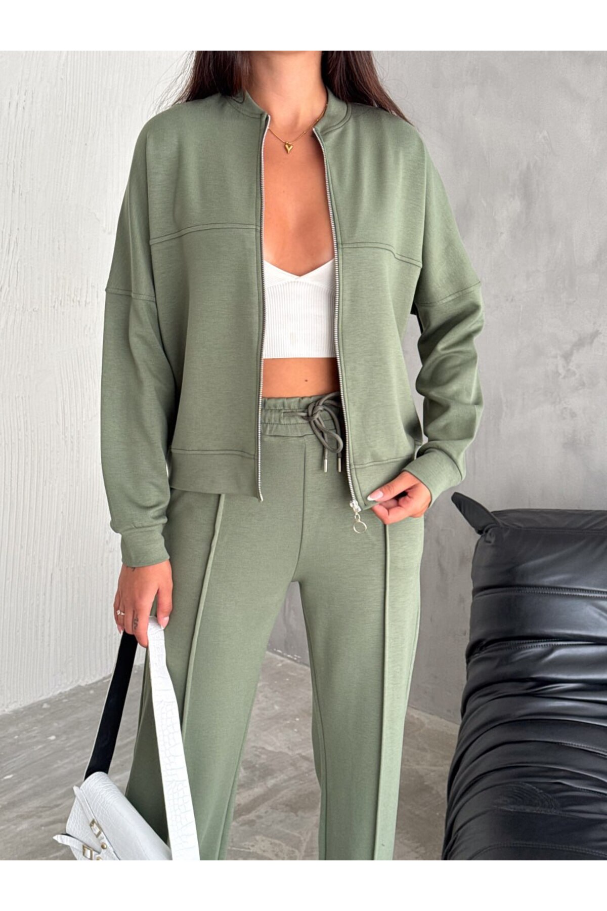 Women's Modal Fabric College Collar Wide Leg SET WITH Zipper Pockets