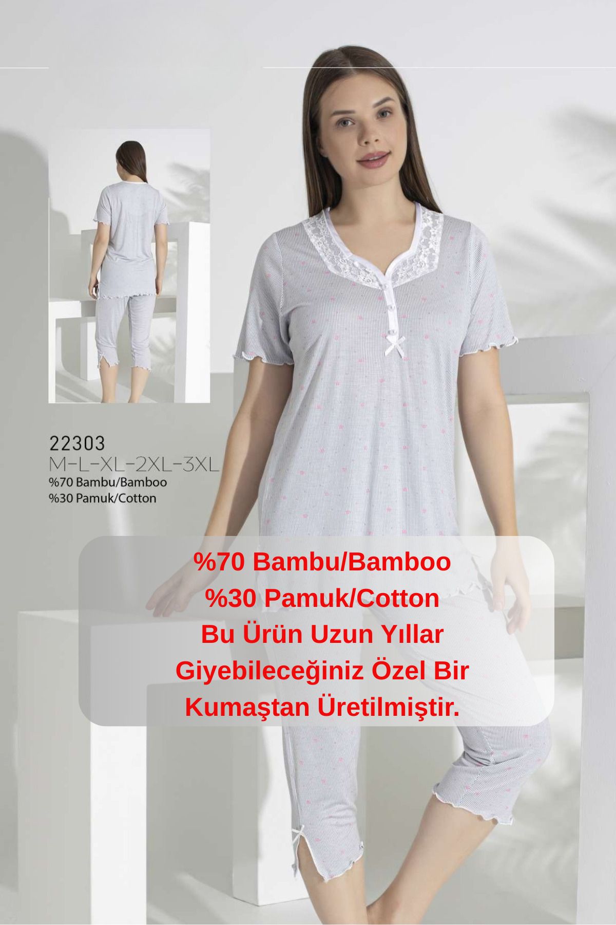 Anastasia Underwear Costum De Pijama Capri Cu Mânecă Scurtă În Față Cu Jumătate De Nasturi Cu Model De Flori Încrețite Model De Calitate Femeie - 2XL
