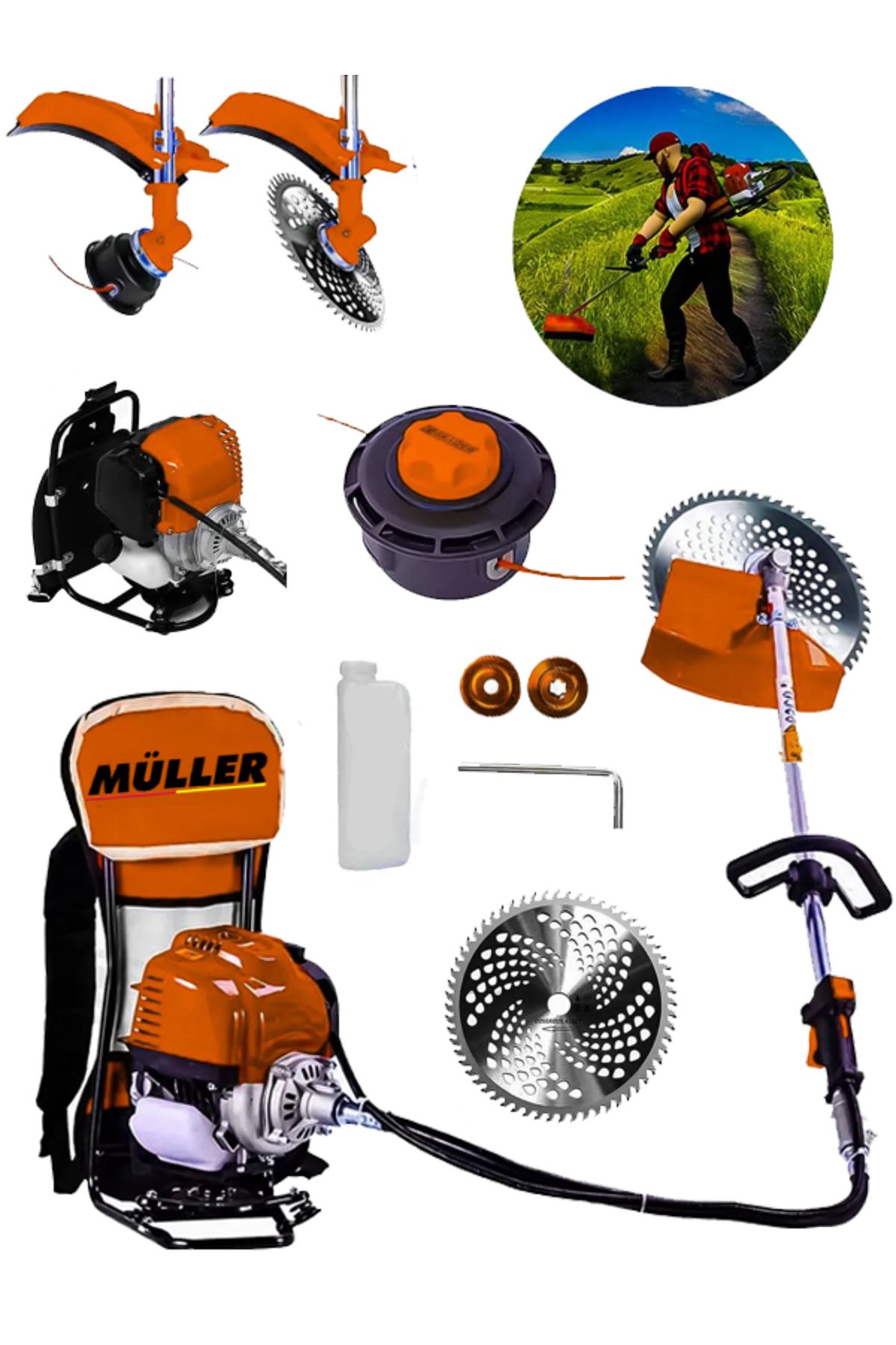 Pro Müller Alman 20 Hp Sırt Tipi Benzinli Motorlu Ot Çalı Tırpanı Çim Biçme Makinesi