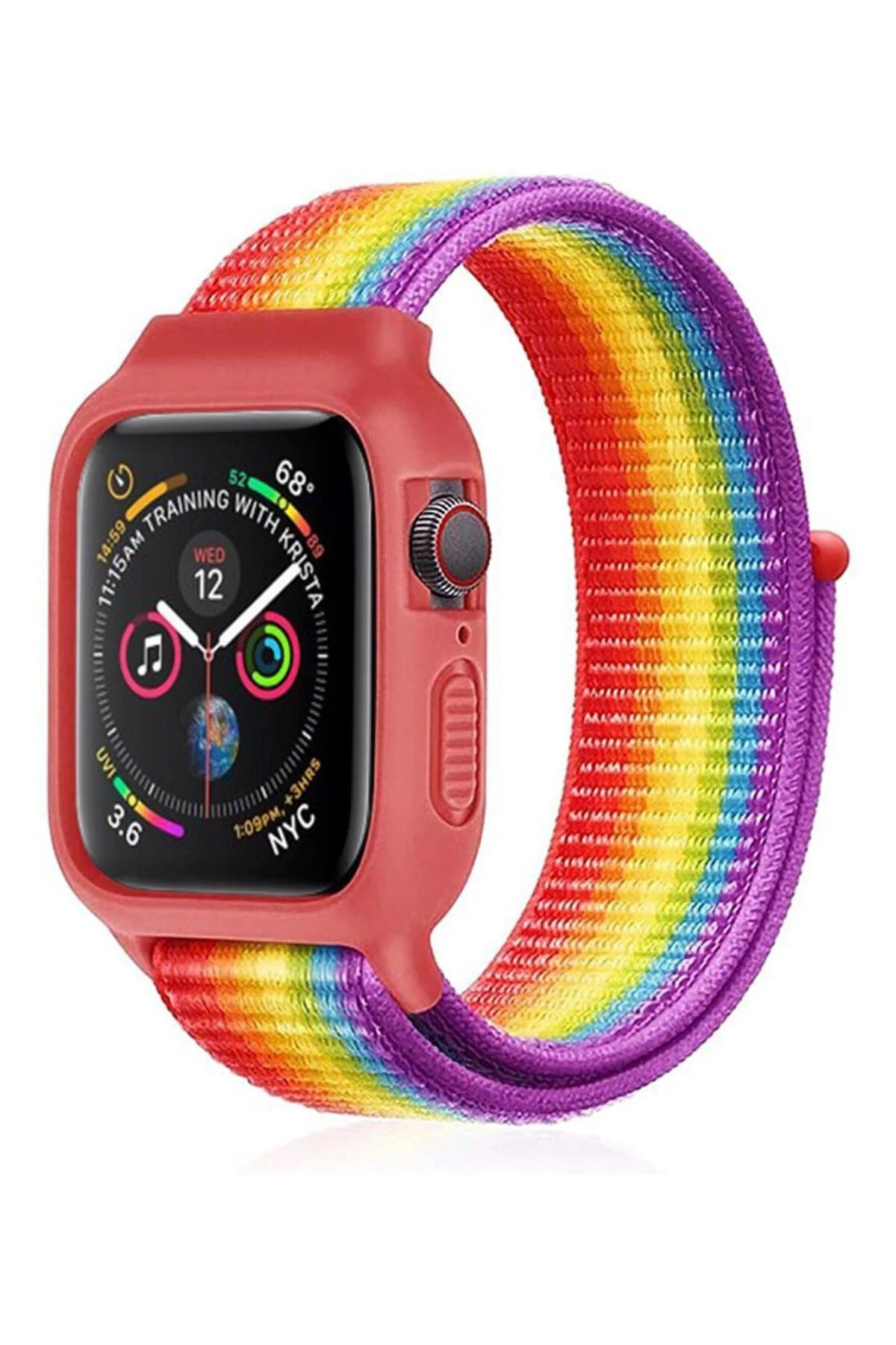 NewFace Apple Watch 42mm Hasırlı Cırtcırtlı Kasalı Kordon - Gökkuşağı INSLM