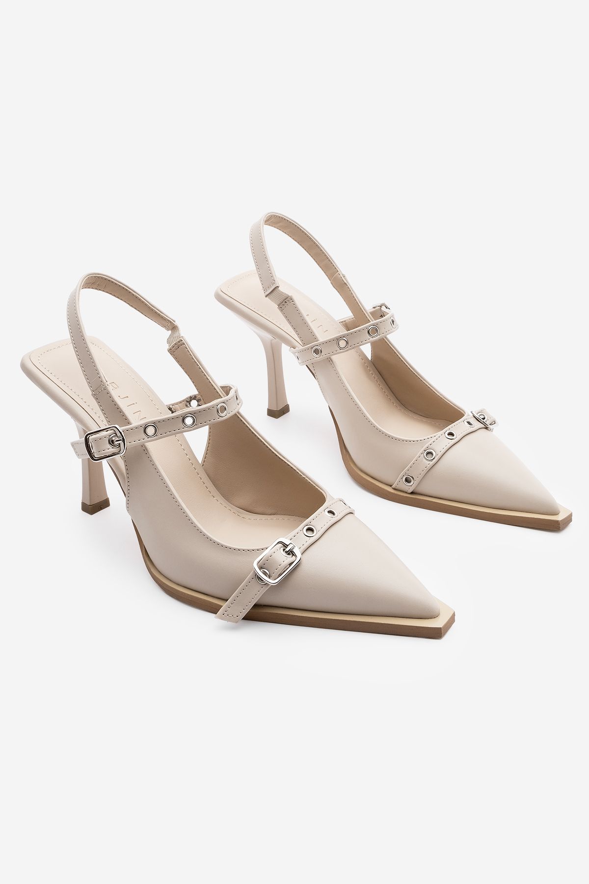 Marjin-Damen-Schuhe mit Stiletto-Absatz, spitzer Zehenpartie, Trock-Schuhe mit offenem Rücken und Absatz, Zekra Ecru 3