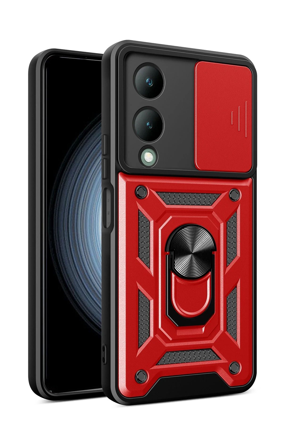 NewFace Vivo Y17S Kılıf Pars Lens Yüzüklü Silikon - Kırmızı JOJUA