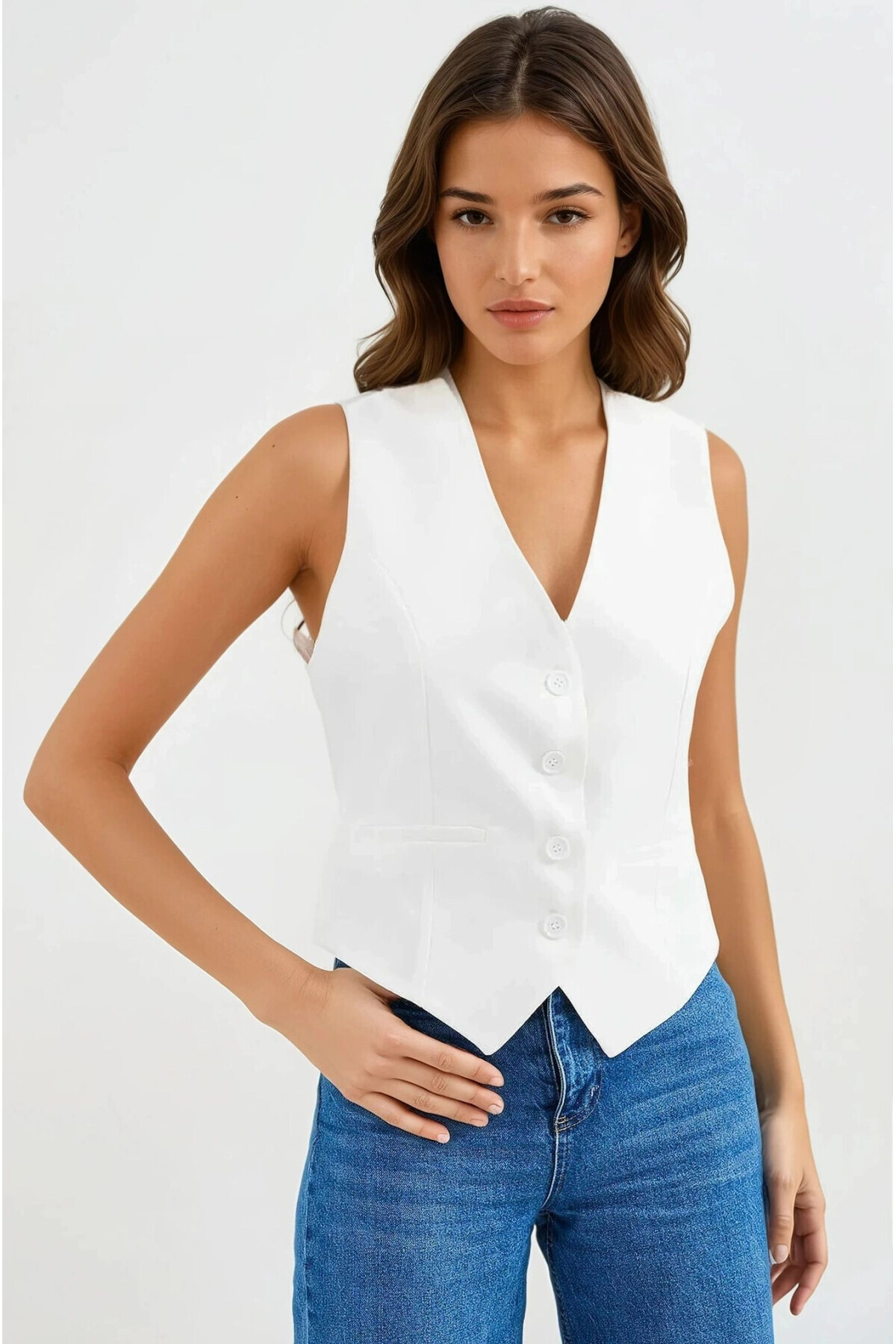 hazelin-Women's White Buttoned Lined Vest Hzl25S-Bd 167961 3