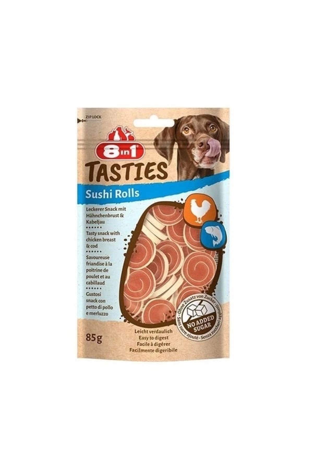 YNT İthalat 8in1 Tasties Sushi Rolls Tavuklu ve Balıklı Sushi Köpek Ödül Maması 85 Gr