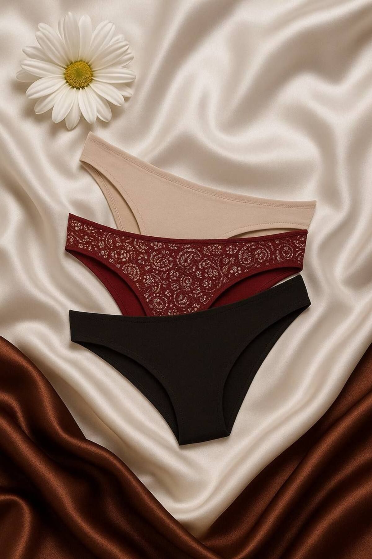 FEMYNA 3'lü Basic & Desenli Kadın Slip Külot Seti - Siyah Bordo Ten