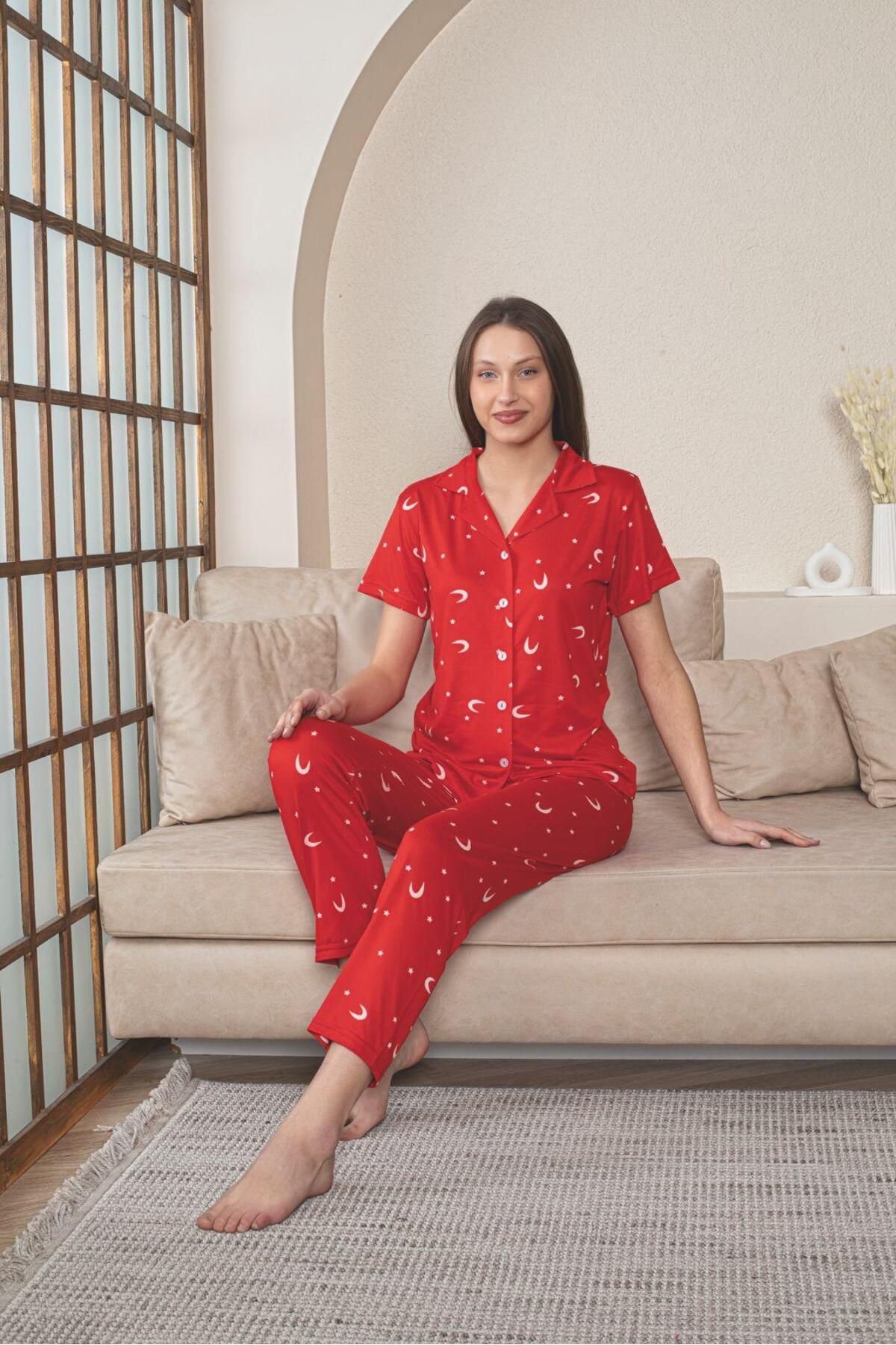 e-Btk Giyim Kırmızı Milan Kumaş Kısa Kollu Pijama Takımı