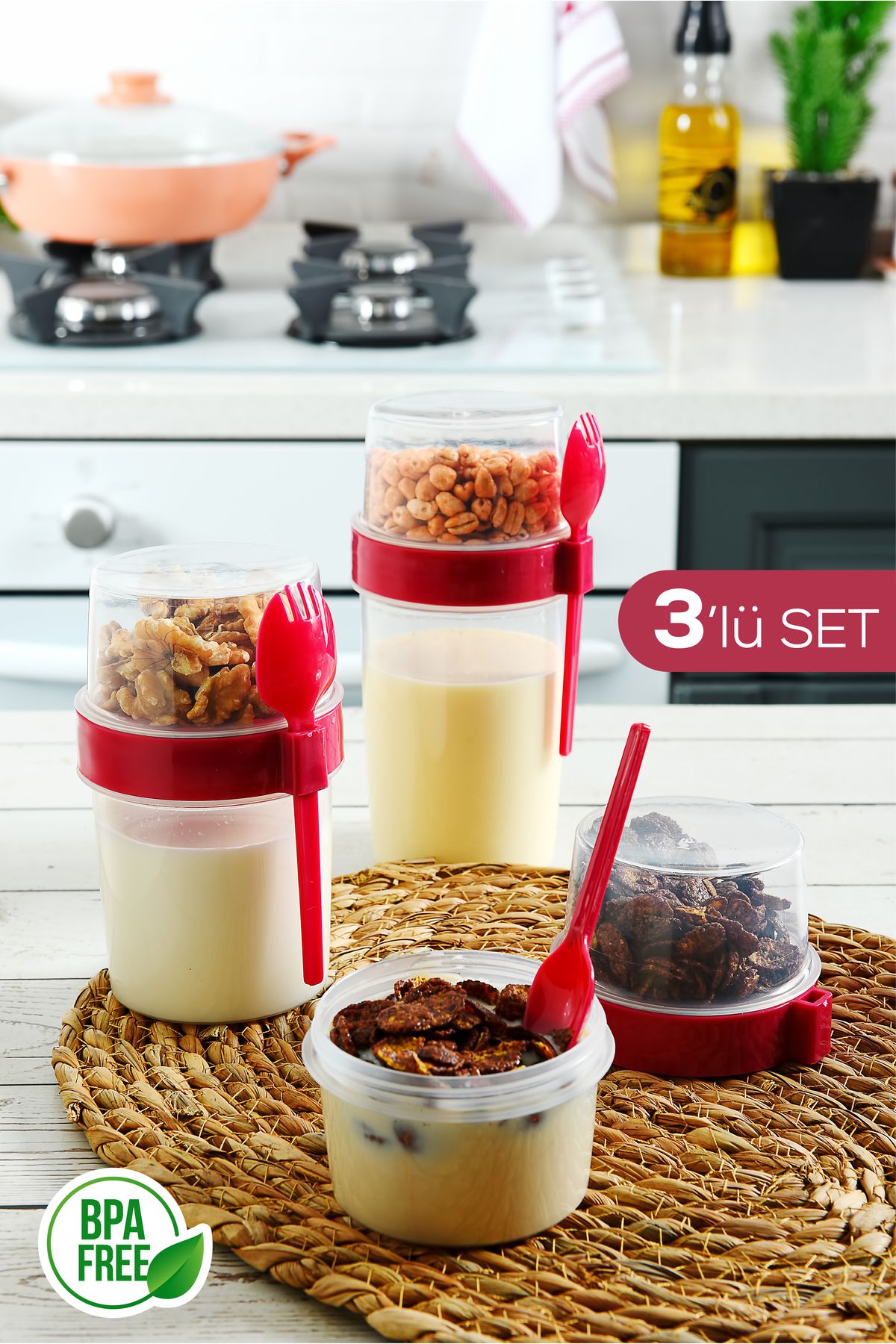 Vienev-Set of 3 Forked Spoon Prepare and Go Fruit Yogurt Container - Meal Container Pink 1