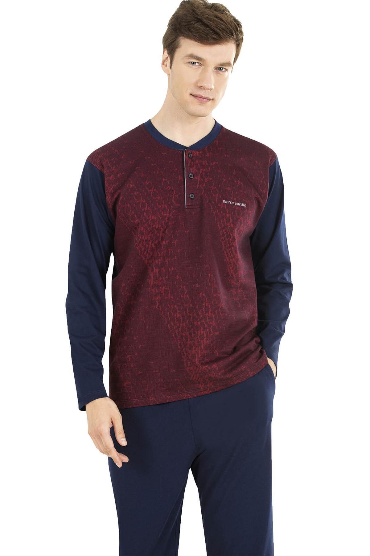 Pierre Cardin %100 Pamuklu Jakarlı Kutulu Erkek Pijama Takım, UZunkol Düğmeli Yaka Çeyize Uygun Pijama Takım