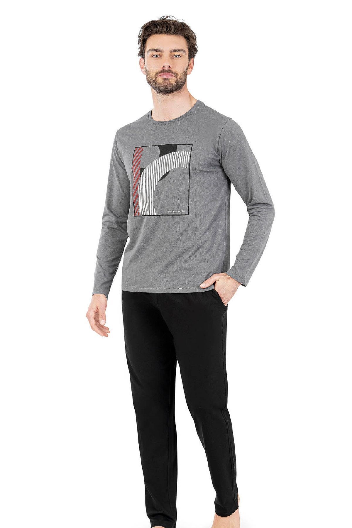 Pierre Cardin 6060 Erkek Uzun Kollu Bisiklet Yaka Pijama Takımı-gri