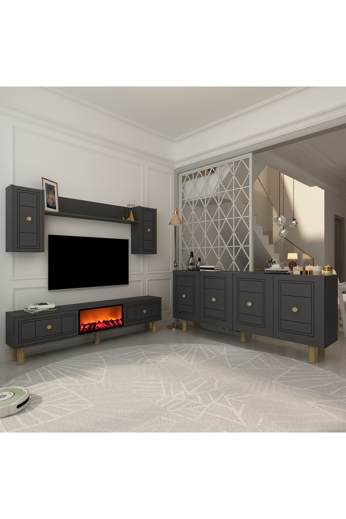 DemonteHome DARİODH BOHEM KONSOL (KB150), ŞÖMİNELİ BOHEM TV ÜNİTESİ 2 Lİ SALON TAKIMI ANTRASİT-ANTRASİT