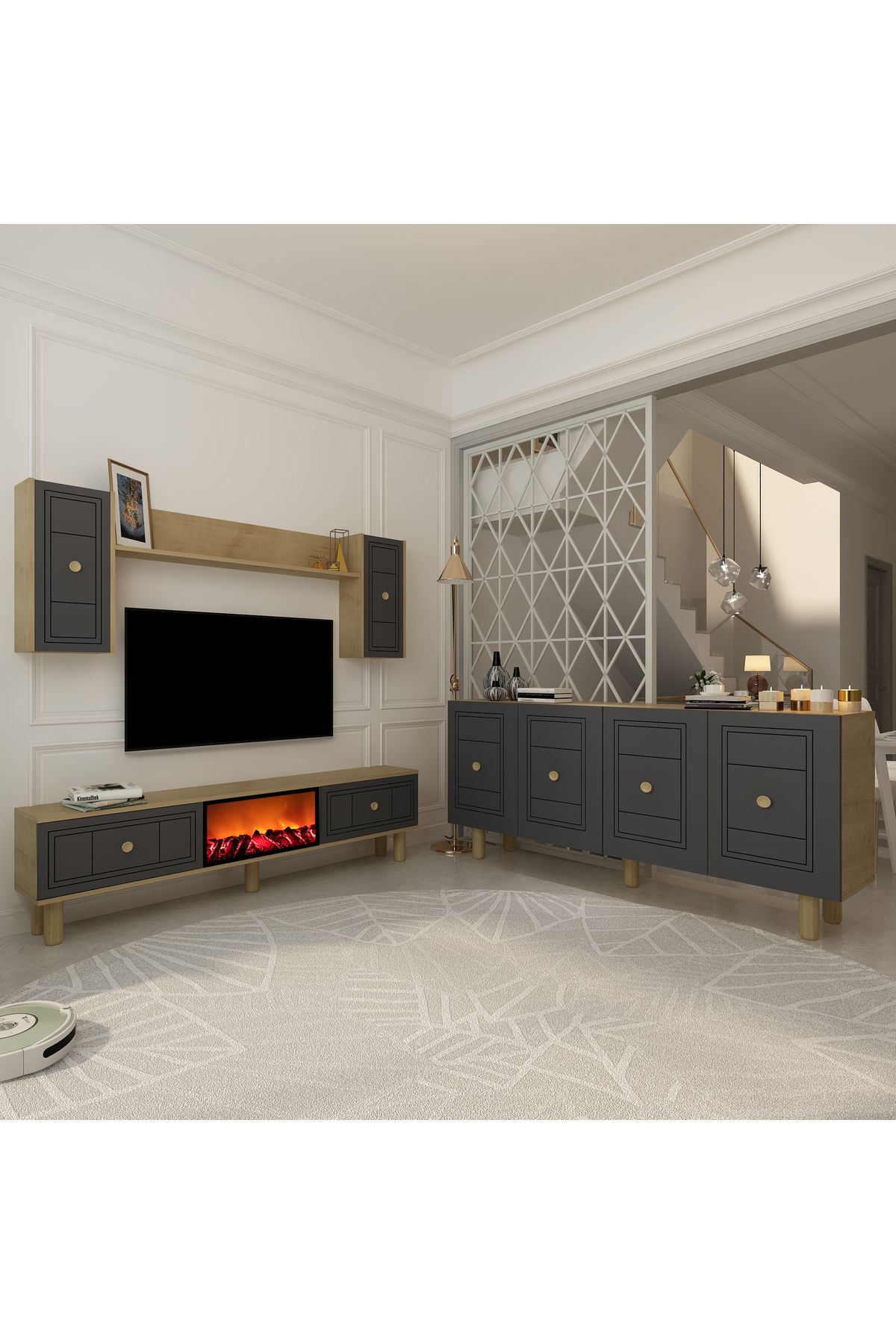 DemonteHome DARİODH BOHEM KONSOL (KB150), ŞÖMİNELİ BOHEM TV ÜNİTESİ 2 Lİ SALON TAKIMI SAFİRMEŞE-ANTRASİT