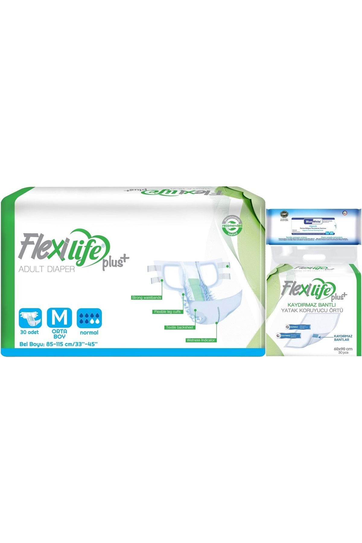 Flexi Life Yetişkin Hasta Bezi Bel Bantlı Tekstil Yüzeyli Orta 30 Adet + Yatak Koruyucu + Havlu