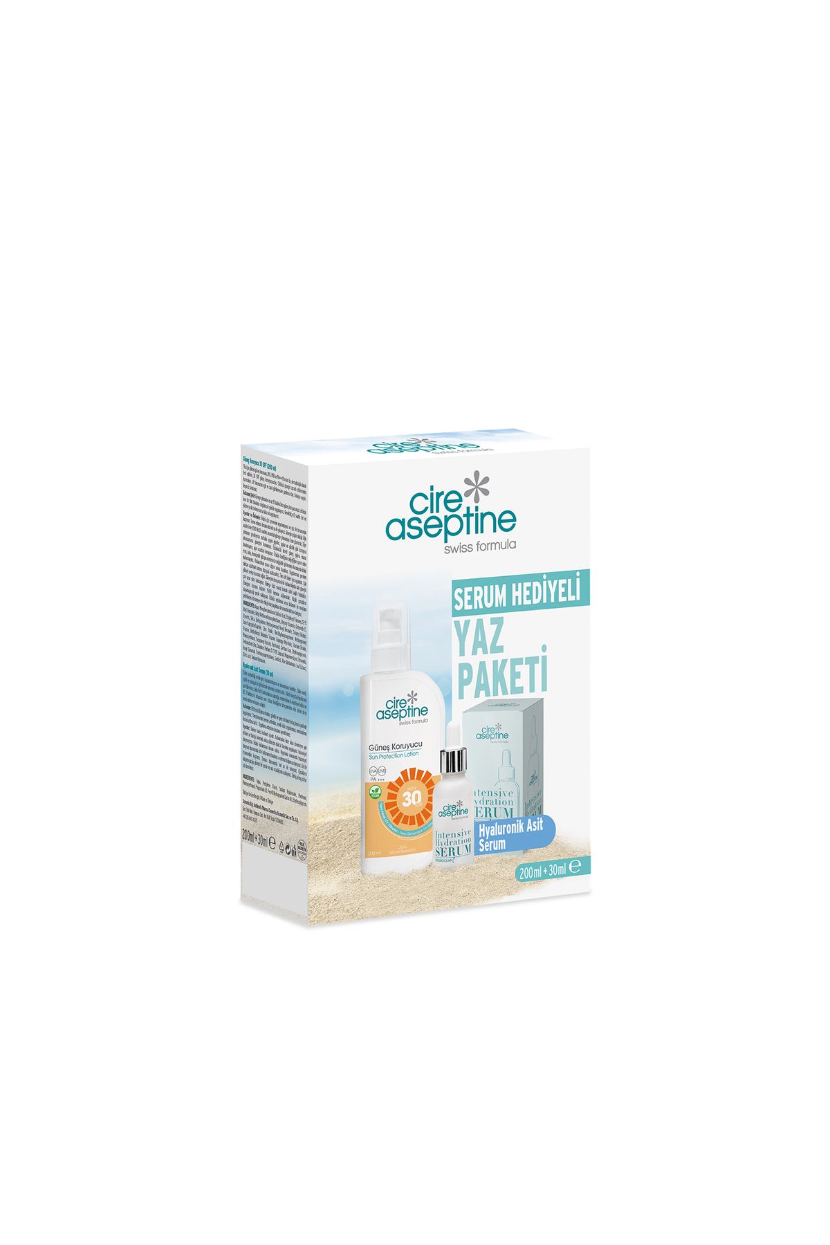 CIRE ASEPTINE Güneş Koruyucu 30 SPF 200 ml + Hyaluronik Asit Serum 30 ml Kutu