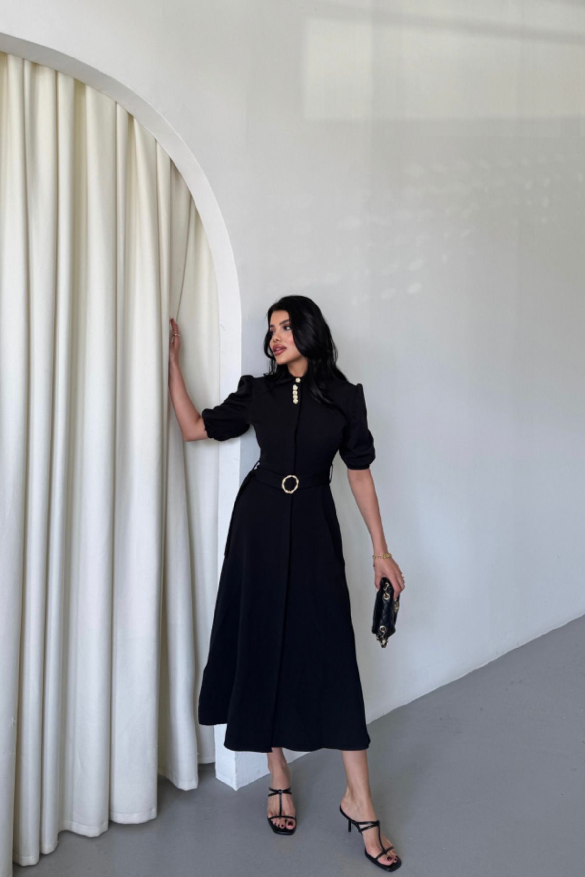 velmorafashion YAKA DÜĞME DETAYLI ELBİSE - Siyah