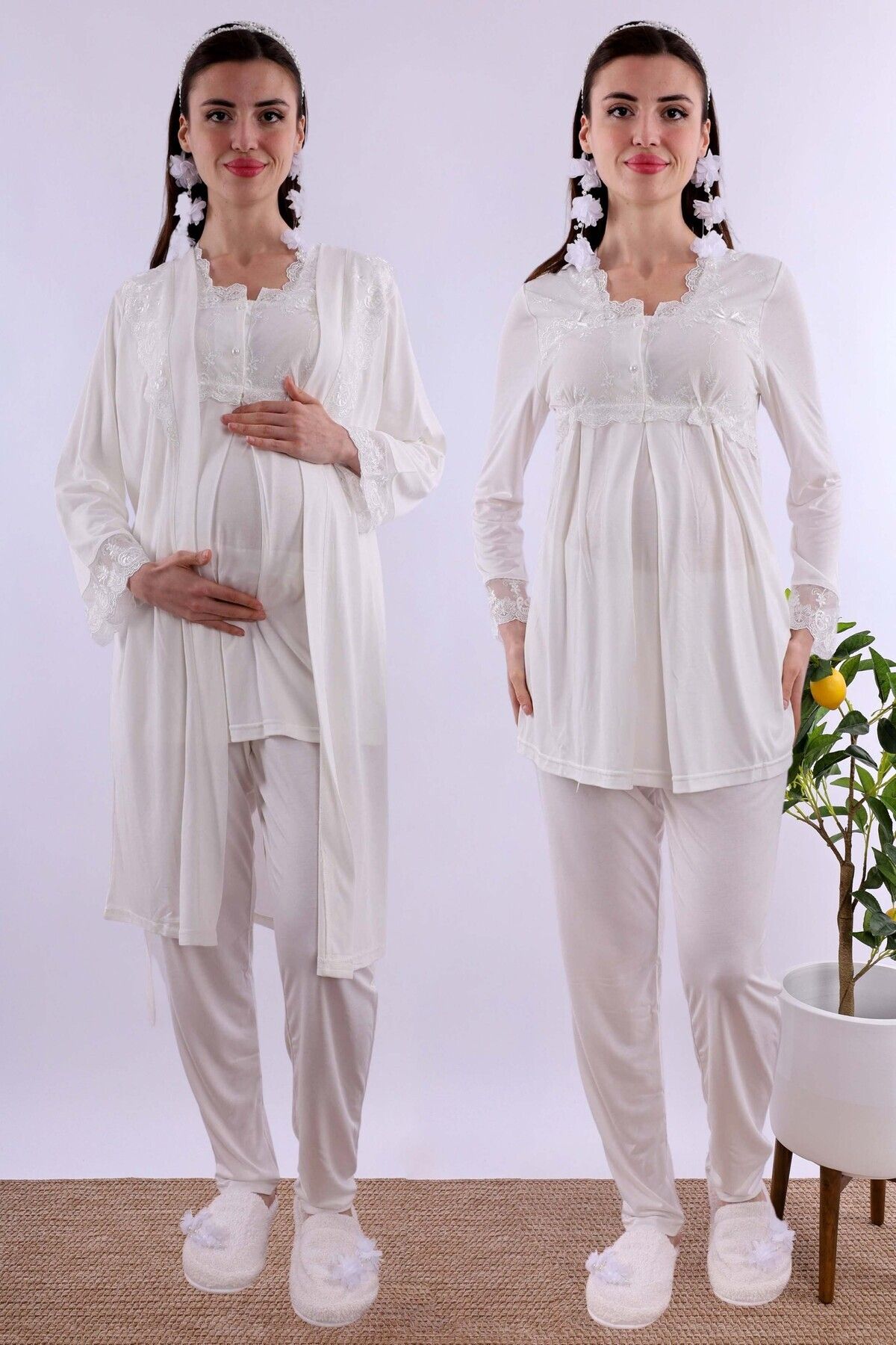 ByLohusa Effortt Ekru Sabahlıklı Hamile Lohusa Pijama Takımı Byl224012