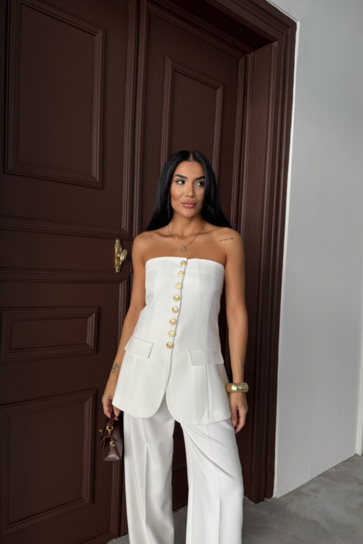 velmorafashion TASARIM GOLD DÜĞMELİ STRABLEZ YELEK - Beyaz